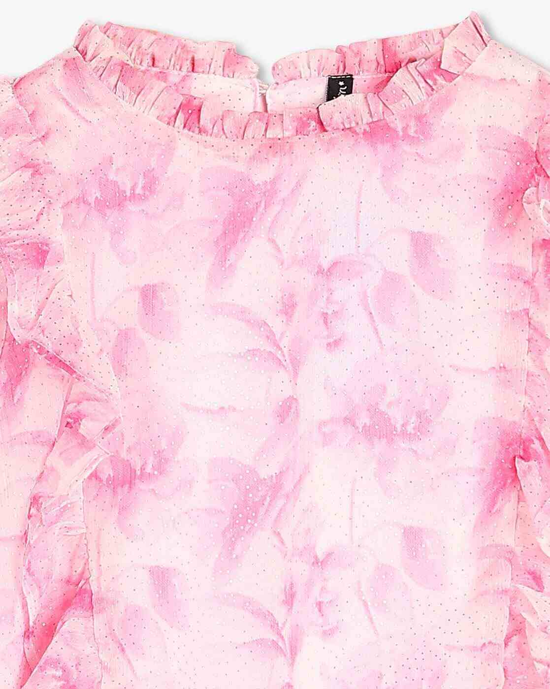RIO GIRLS | Girls Printed Relaxed Fit Top with Ruffle Overlay|2