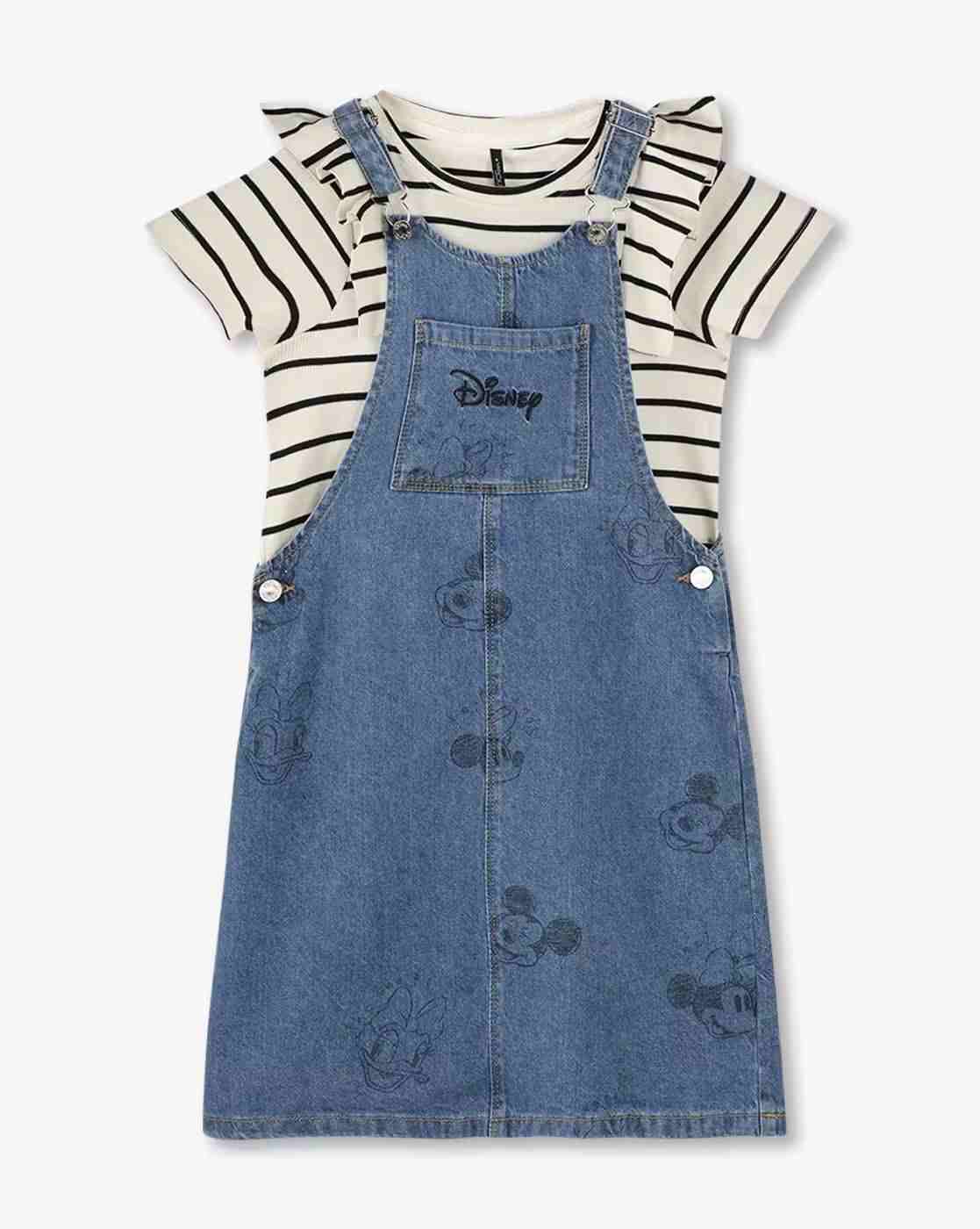 girls denim pinafore dress Blue Denim Embroidered Pinafore Dress & Blouse Set
