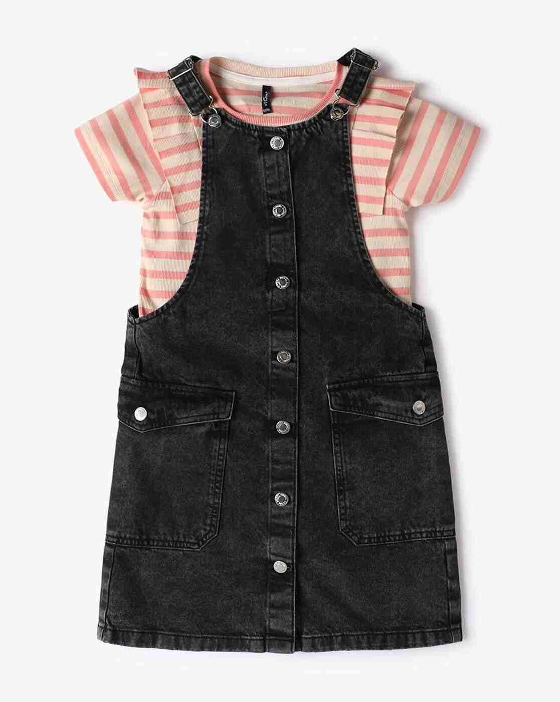 RIO GIRLS | Girls Regular Fit Pinafore Dress with Striped T-Shirt|0