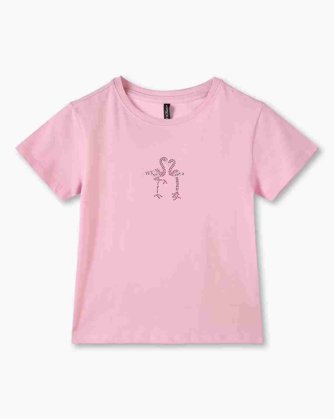 RIO GIRLS | Girls Flamingo Rhinestone Embellished Regular Fit Round-Neck T-Shirt|0