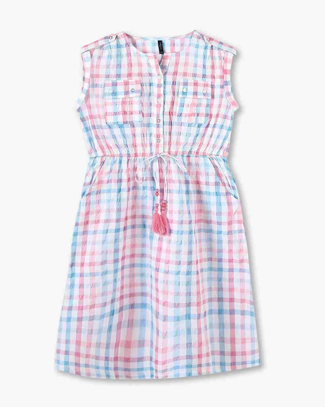 RIO GIRLS | Girls Checked Round-Neck A-Line Dress|0