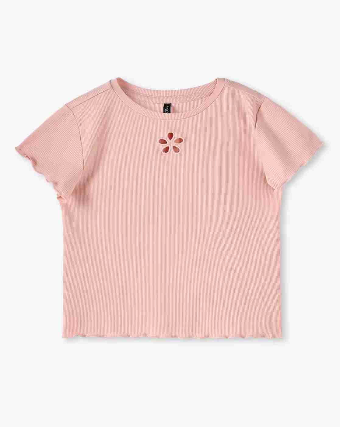 Girls Ribbed Regular Fit Round-Neck T-Shirt