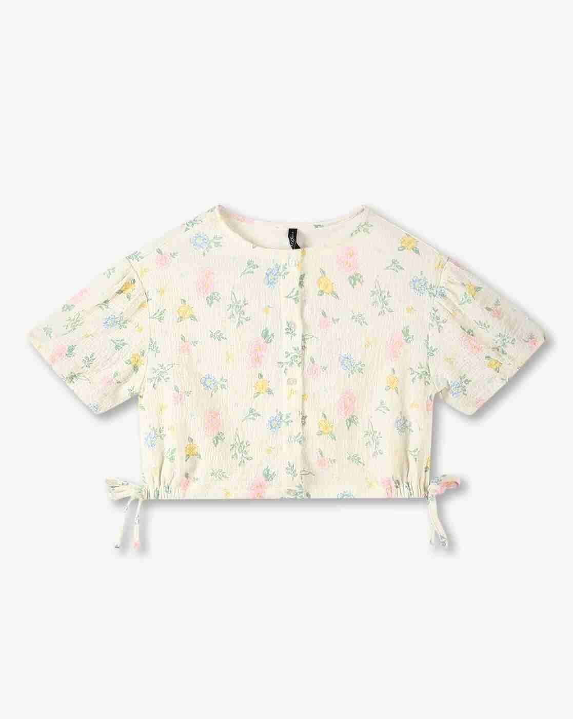 Girls Floral Print Regular Fit Top with Tie-Up