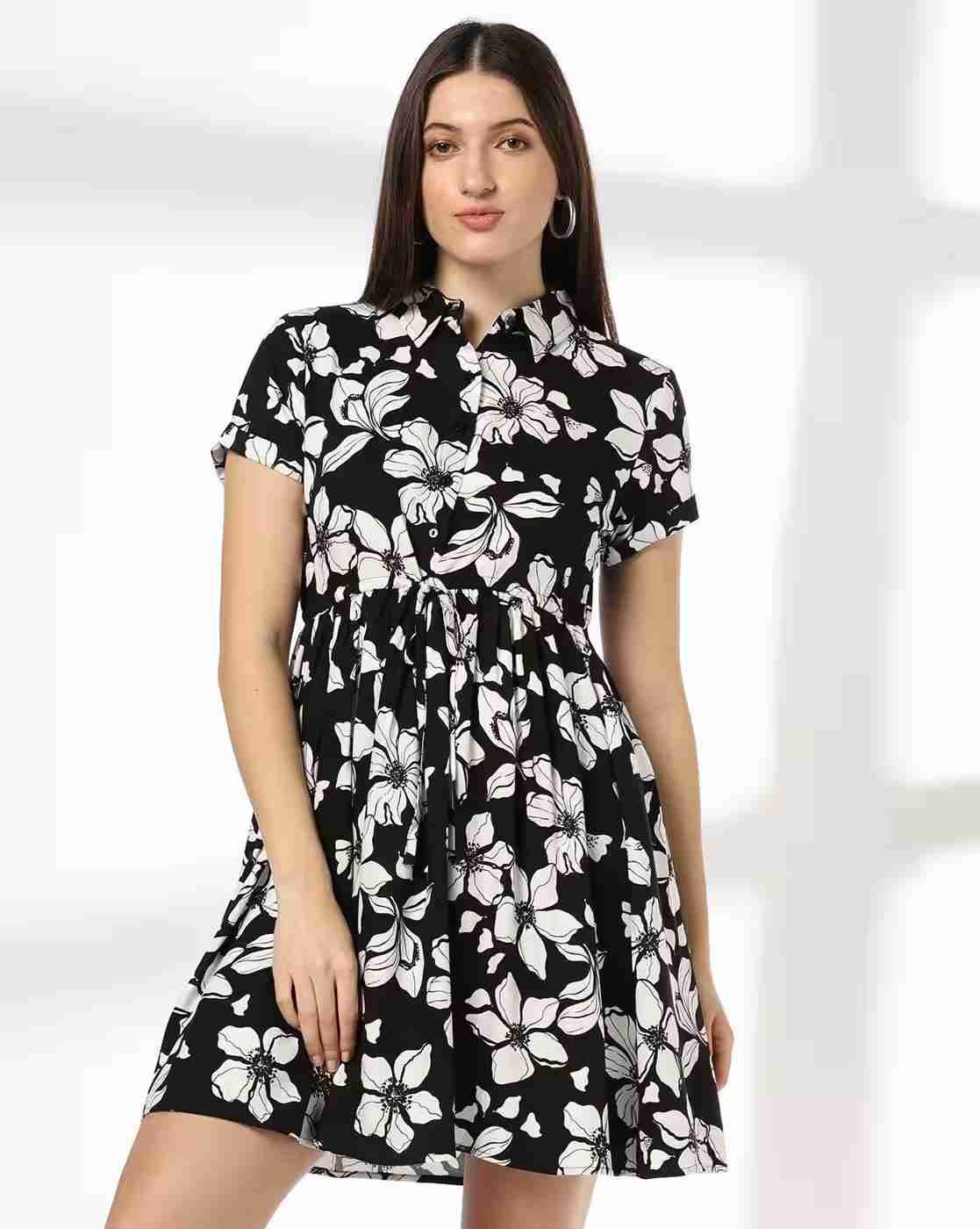 Women Floral Print Shirt Dress