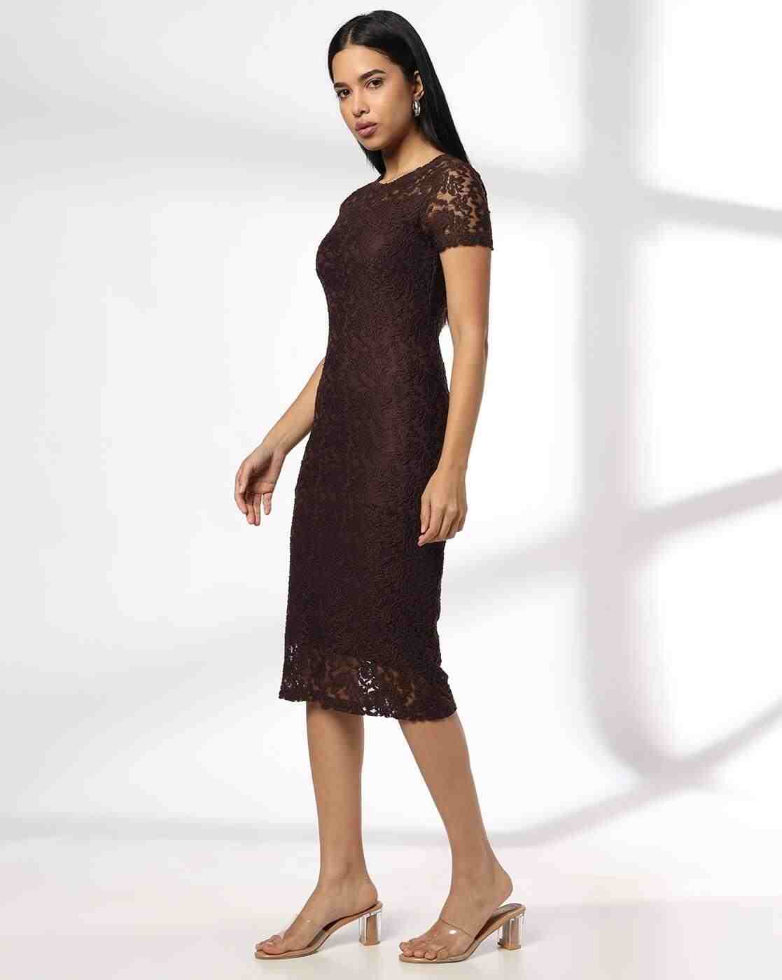 brown lace bodycon dress Long Sleeve Underwired Lace Trim Detail Mini Bodycon Dress In Brown Slinky  | EGO US