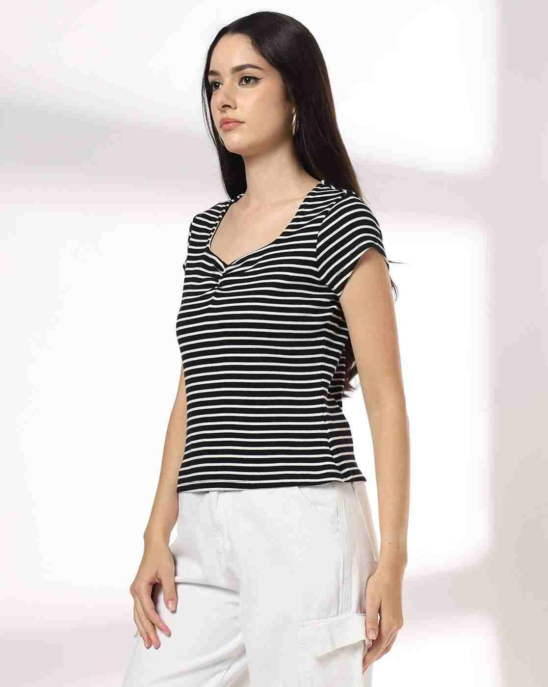 RIO | Women Striped Slim Fit Sweetheart-Neck T-Shirt|1