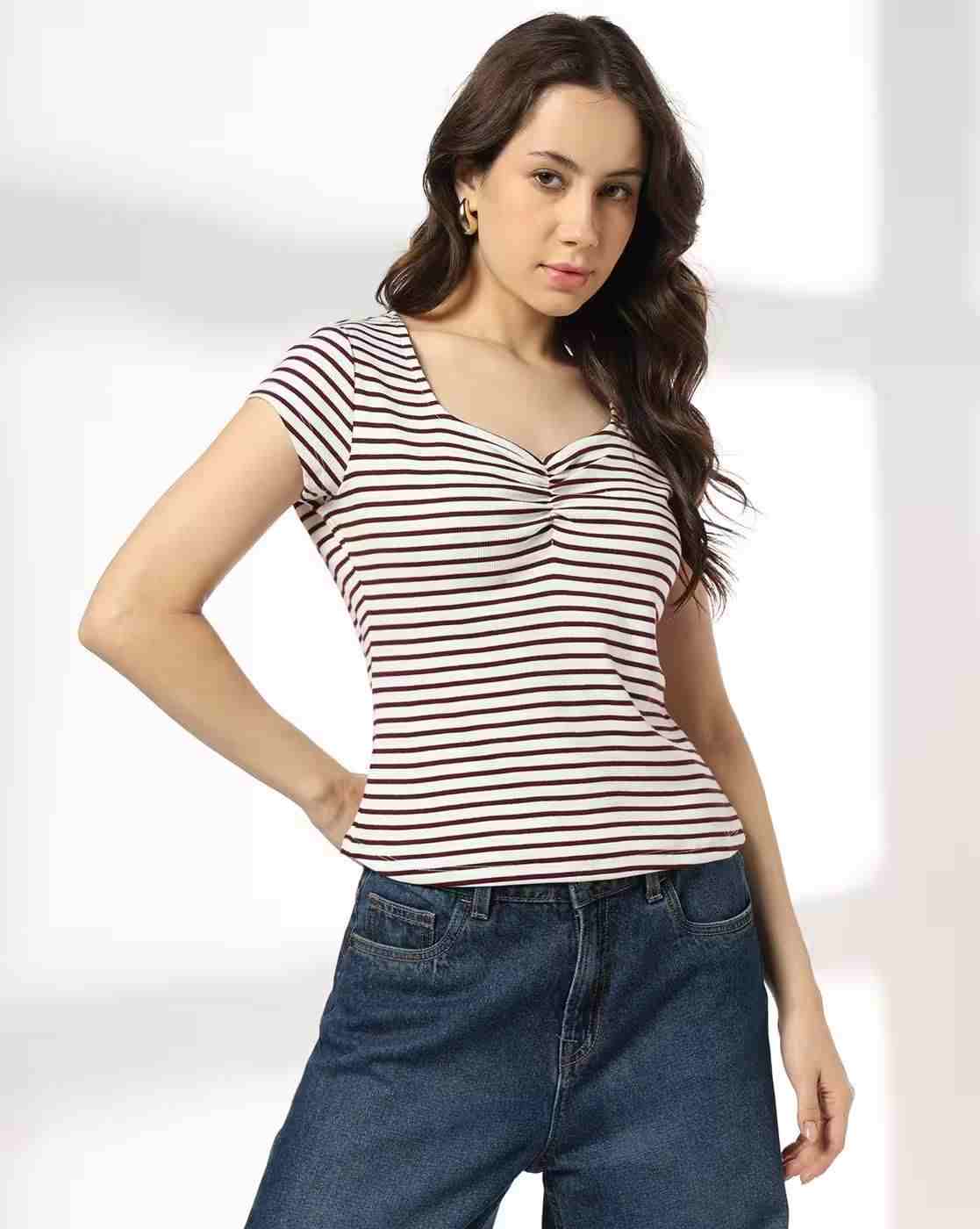 Women Striped Slim Fit Sweetheart-Neck T-Shirt