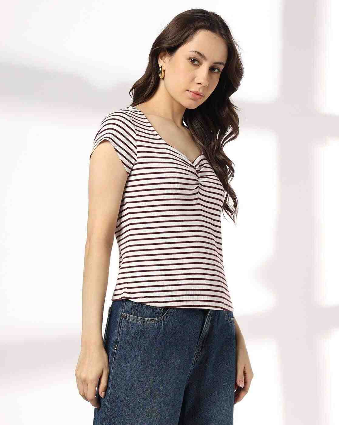 RIO | Women Striped Slim Fit Sweetheart-Neck T-Shirt|1