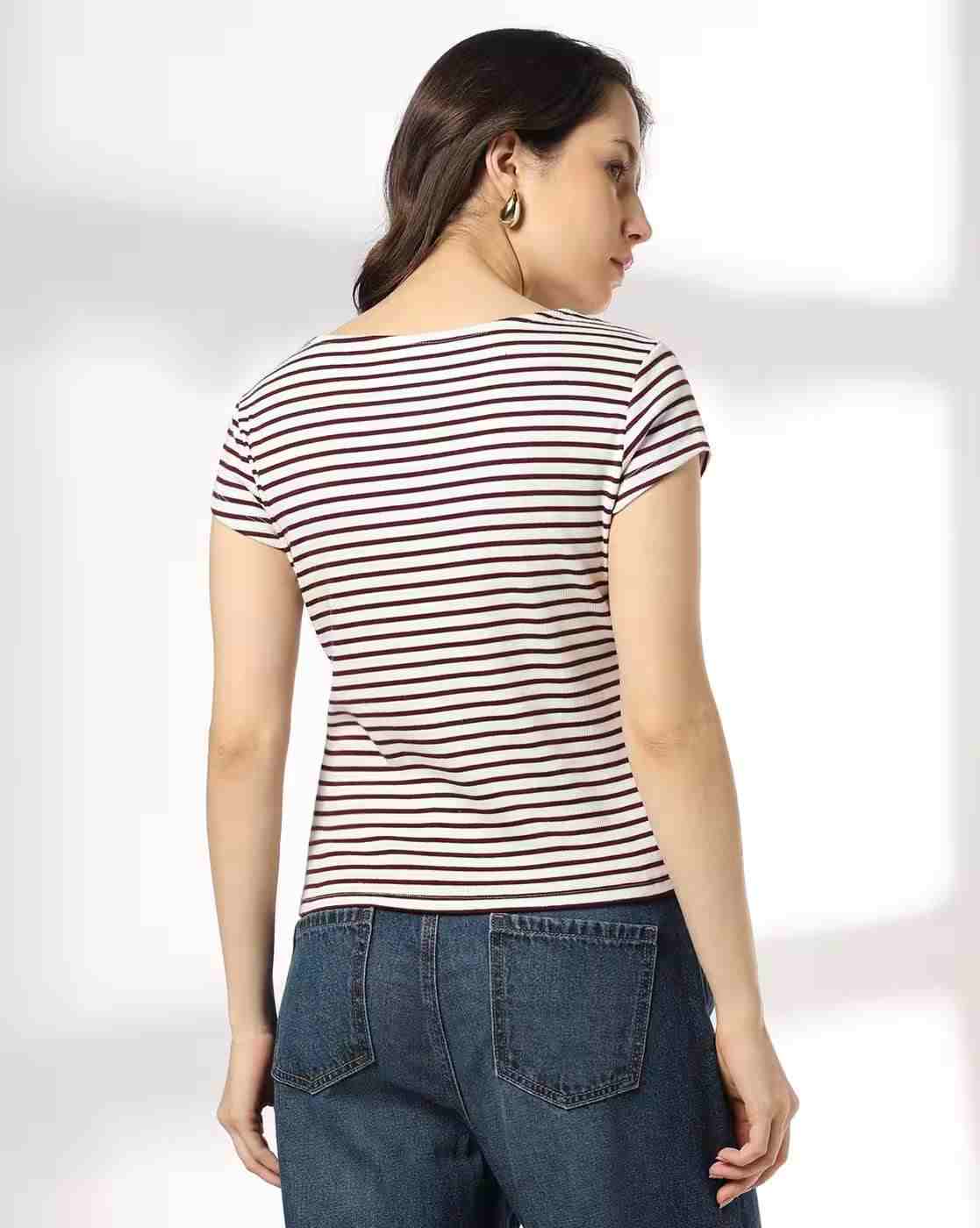 RIO | Women Striped Slim Fit Sweetheart-Neck T-Shirt|2
