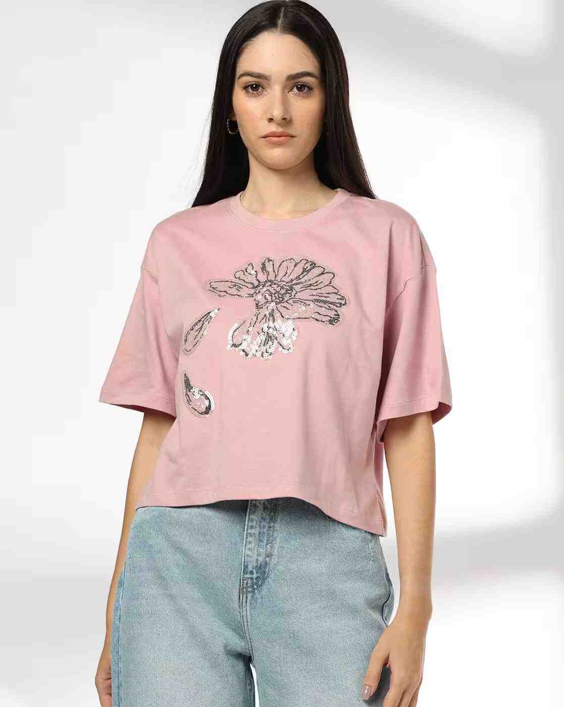 RIO | Women Embellished Relaxed Fit Crew-Neck T-Shirt|0