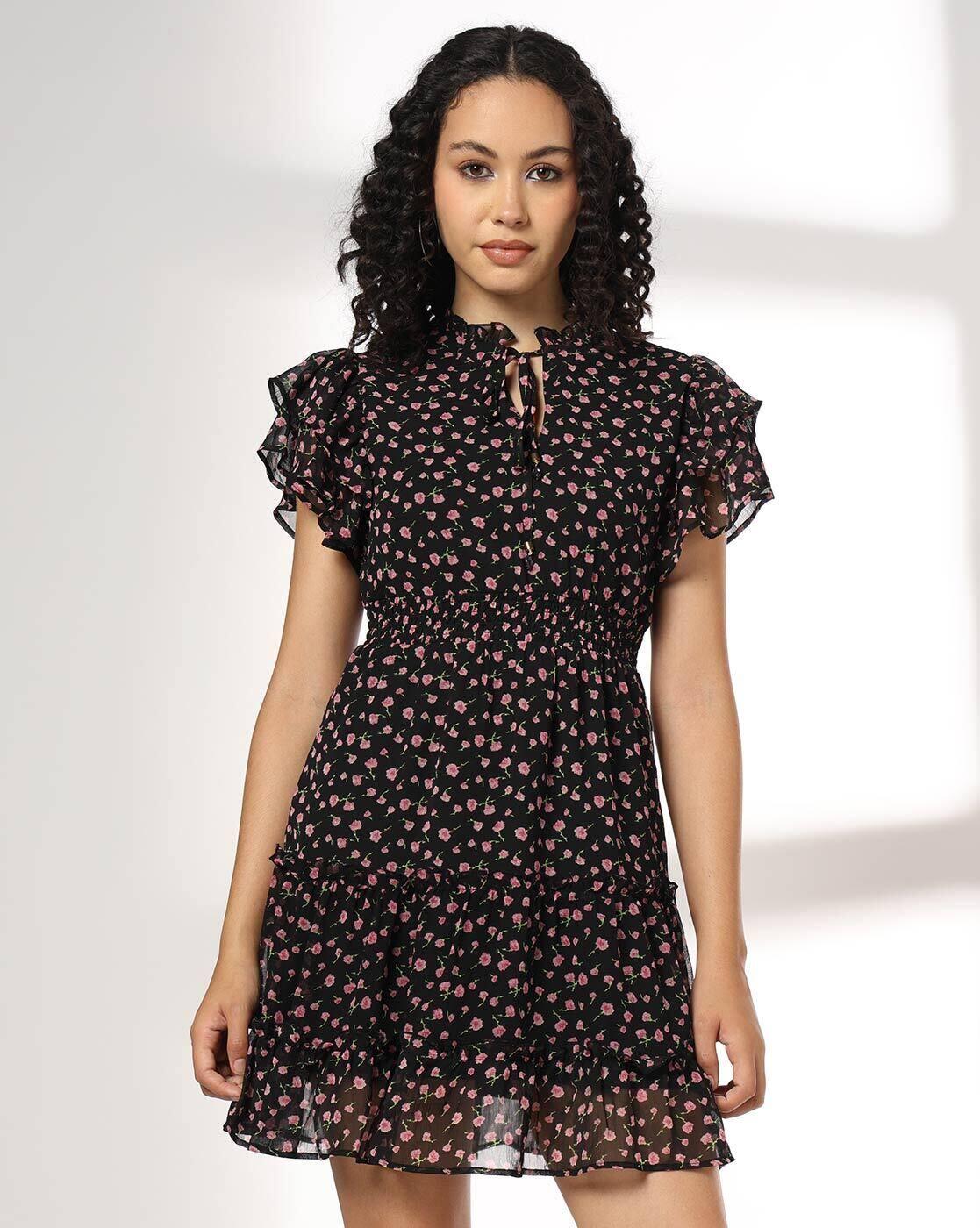 RIO | Printed ruffle sleeve dress, black, xs|4