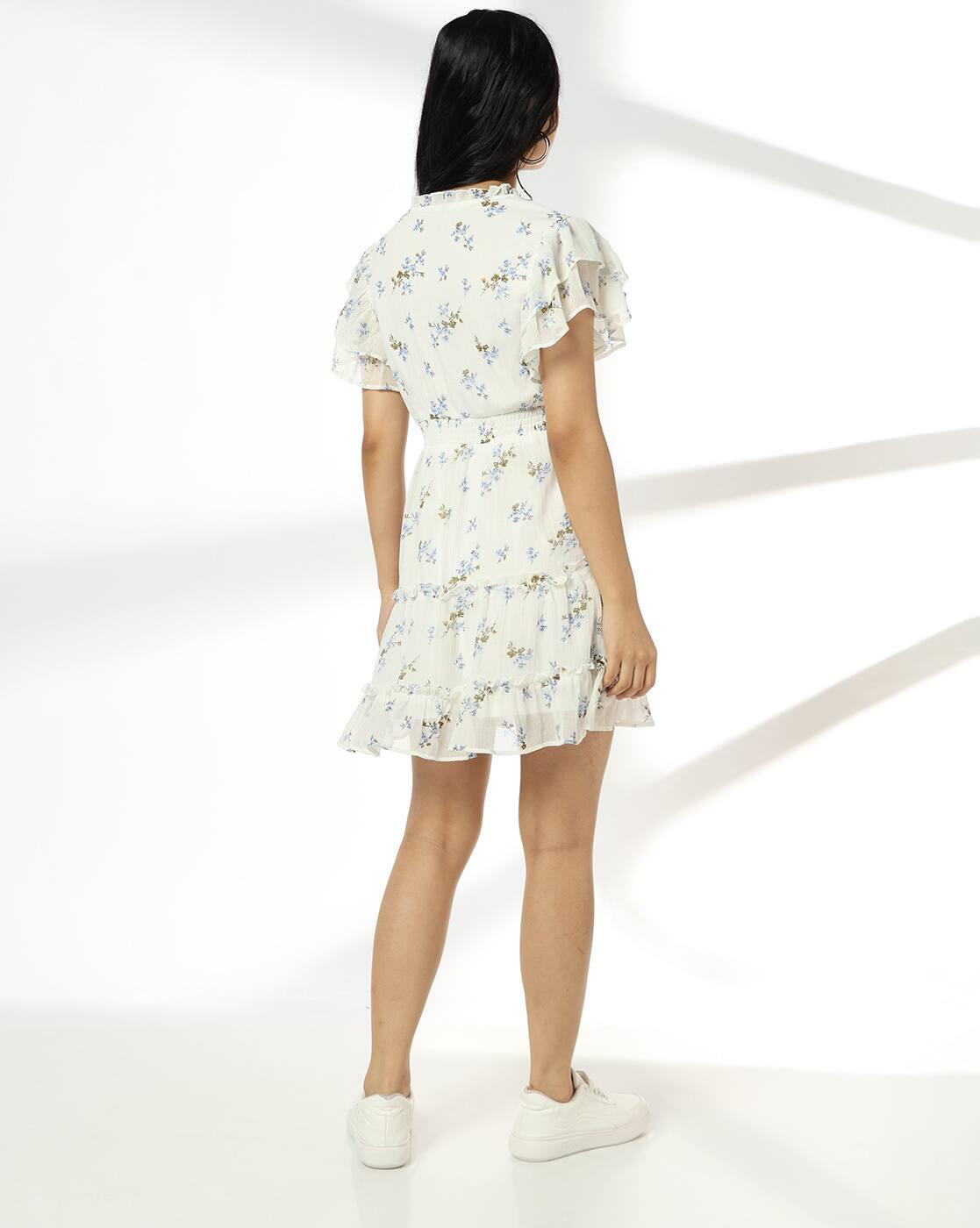 RIO | Printed ruffle sleeve dress, white, m|1