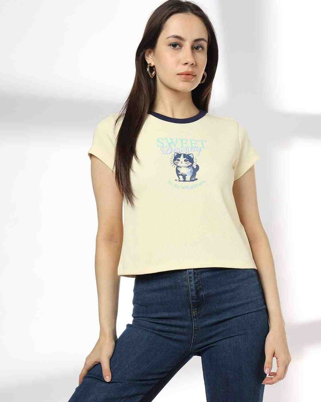 Women Typographic Print Regular Fit Crew-Neck T-Shirt