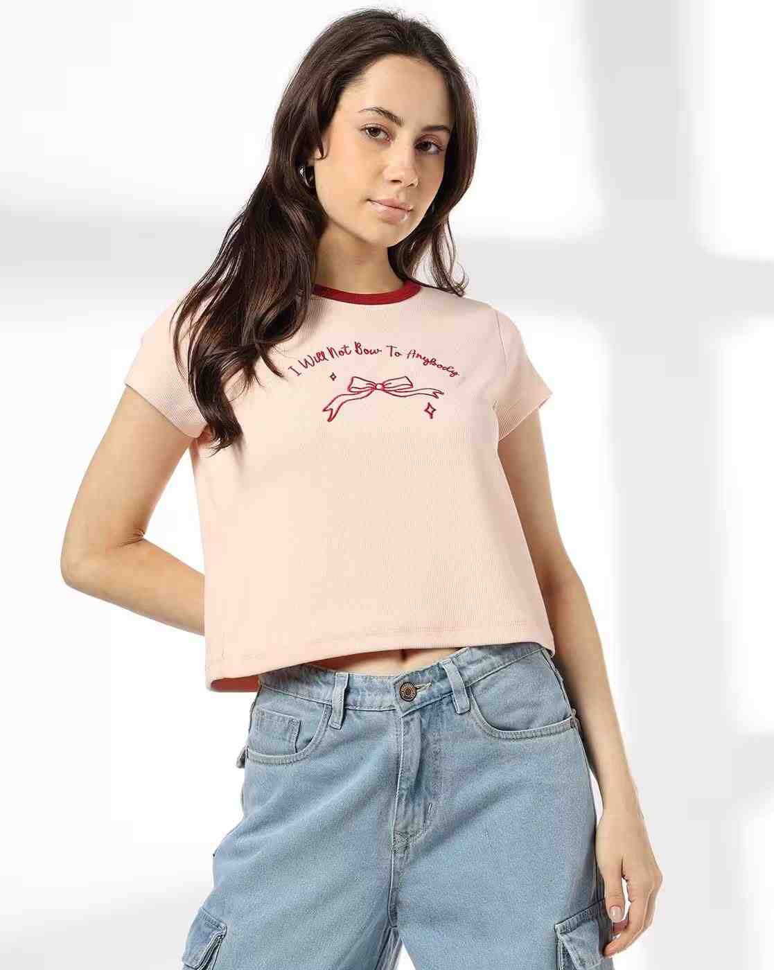 RIO | Women Embroidered Bow Ringer Regular Fit Crew-Neck T-Shirt|0