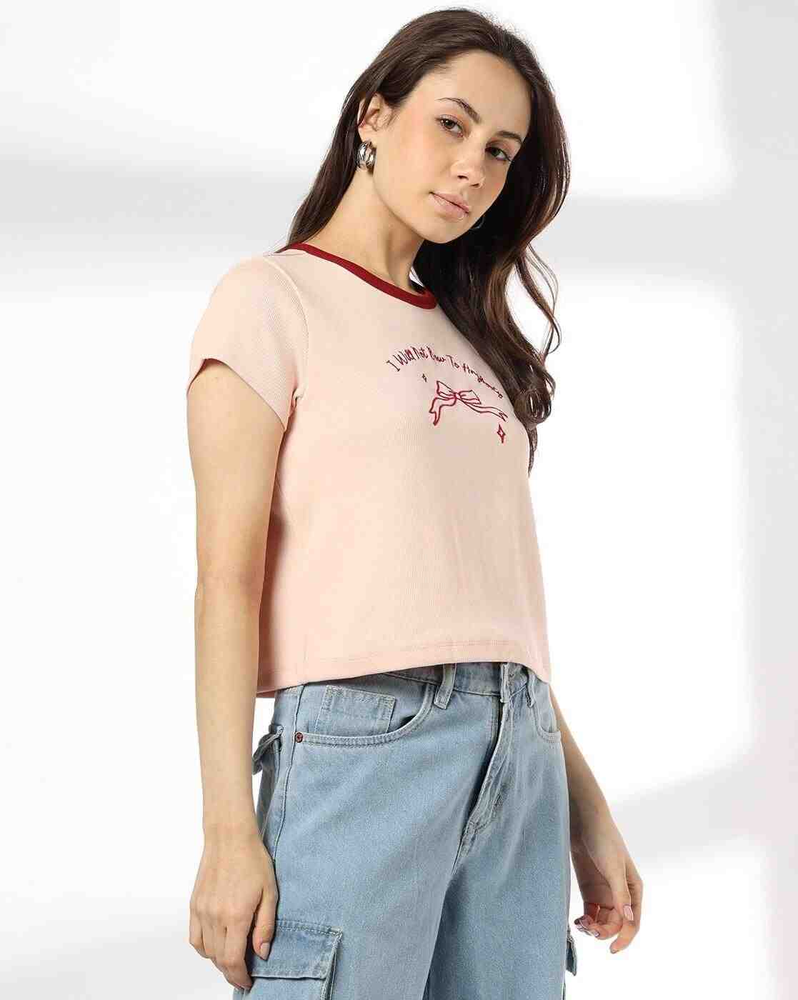RIO | Women Embroidered Bow Ringer Regular Fit Crew-Neck T-Shirt|1