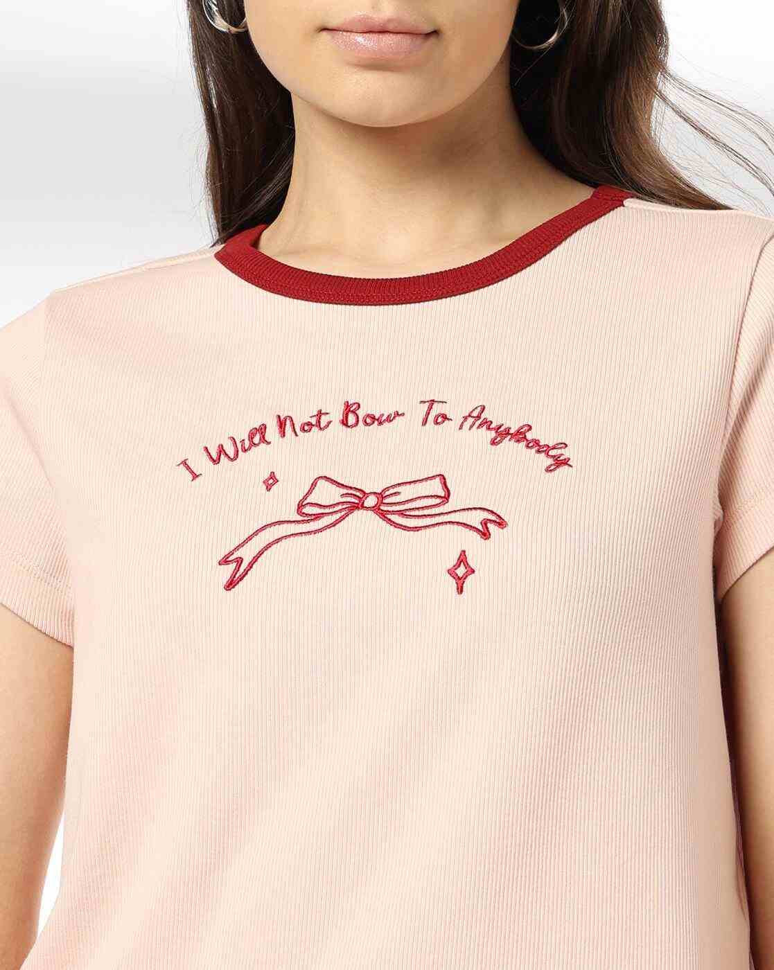 RIO | Women Embroidered Bow Ringer Regular Fit Crew-Neck T-Shirt|3