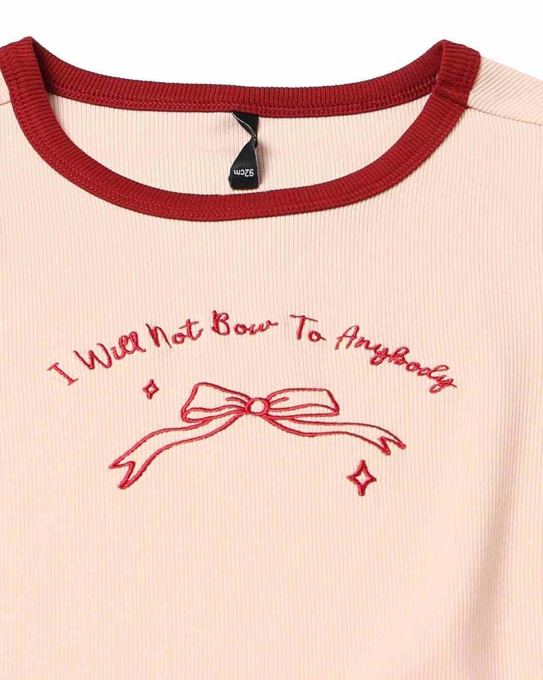 RIO | Women Embroidered Bow Ringer Regular Fit Crew-Neck T-Shirt|4