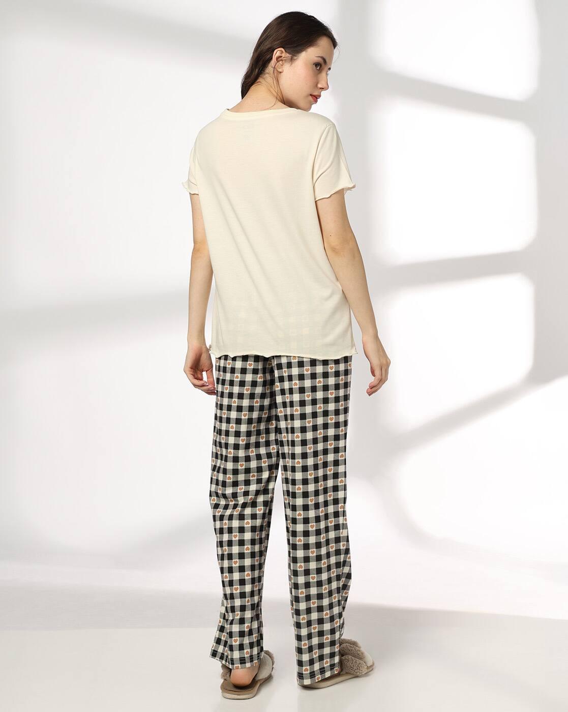 RIO | Women Checked Pyjamas & T-Shirt Set|2