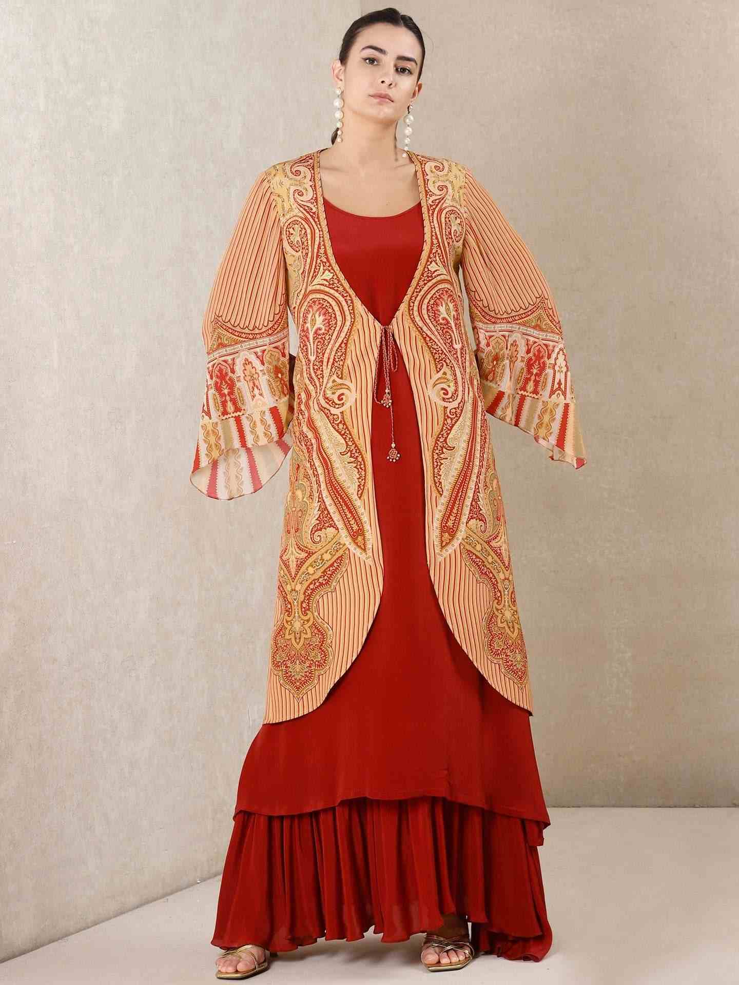 Beige & Red Dress Jamawar Crepe Dress