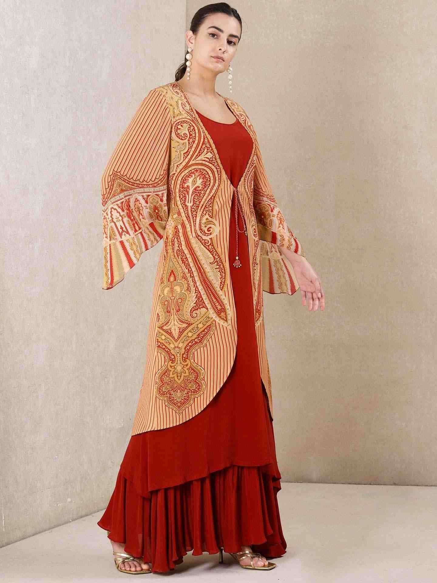 Beige & Red Dress Jamawar Crepe Dress
