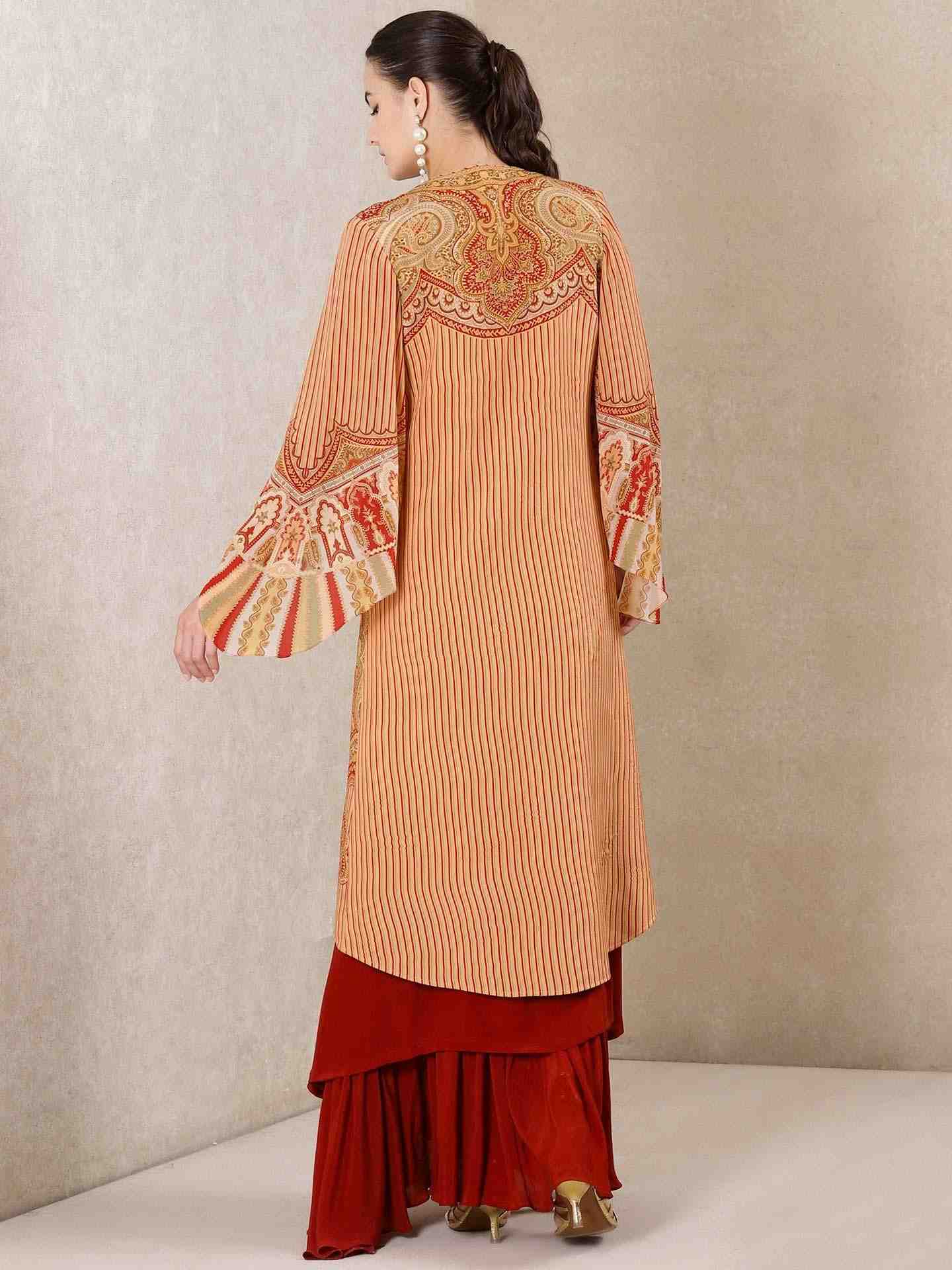 Beige & Red Dress Jamawar Crepe Dress