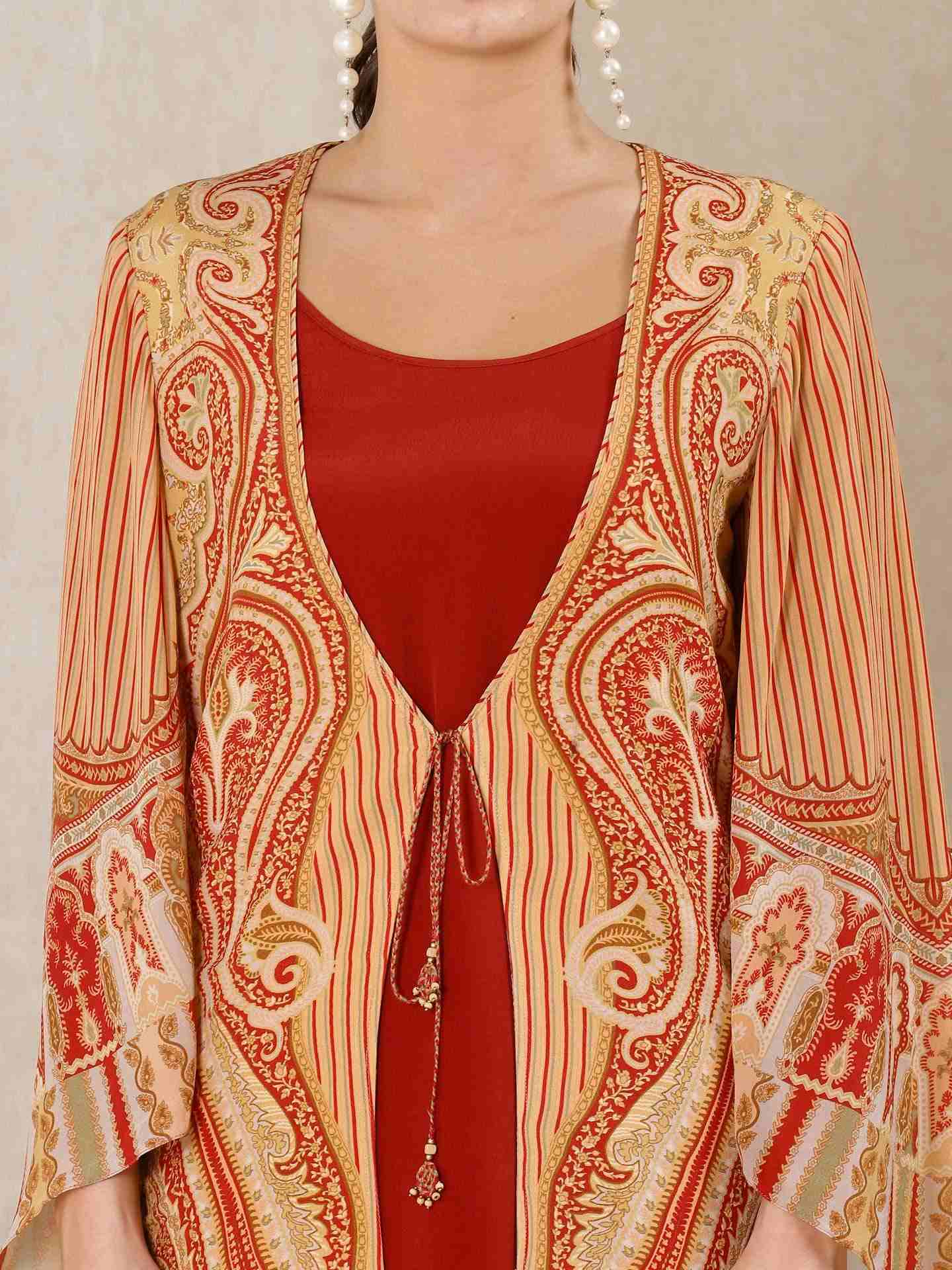 Beige & Red Dress Jamawar Crepe Dress