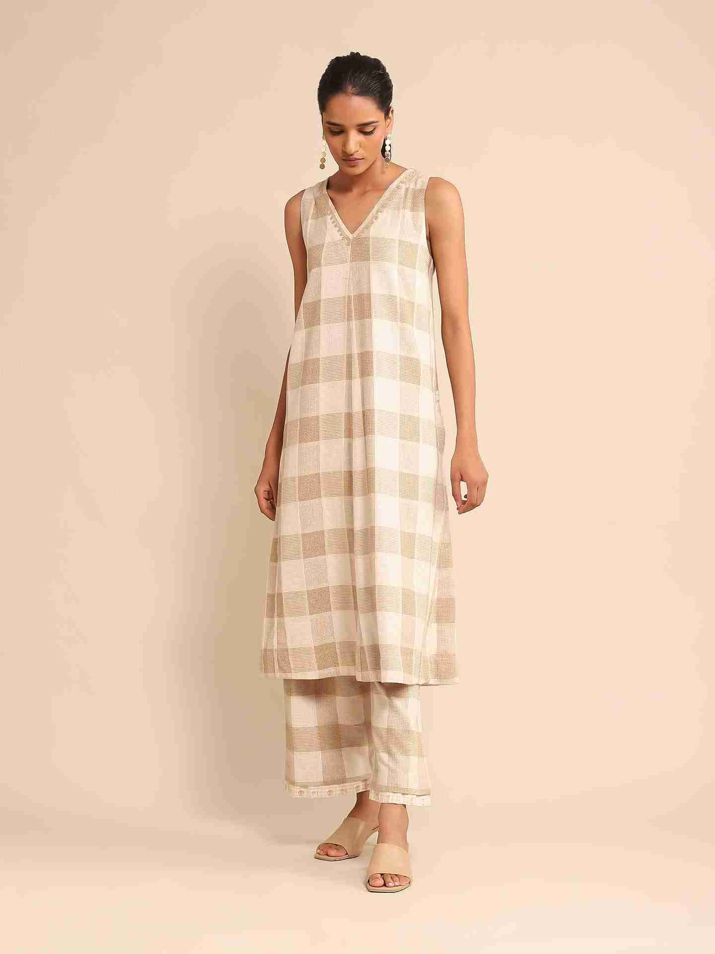 Beige Urban Elysian Yarn-Dyed  Kurta Set