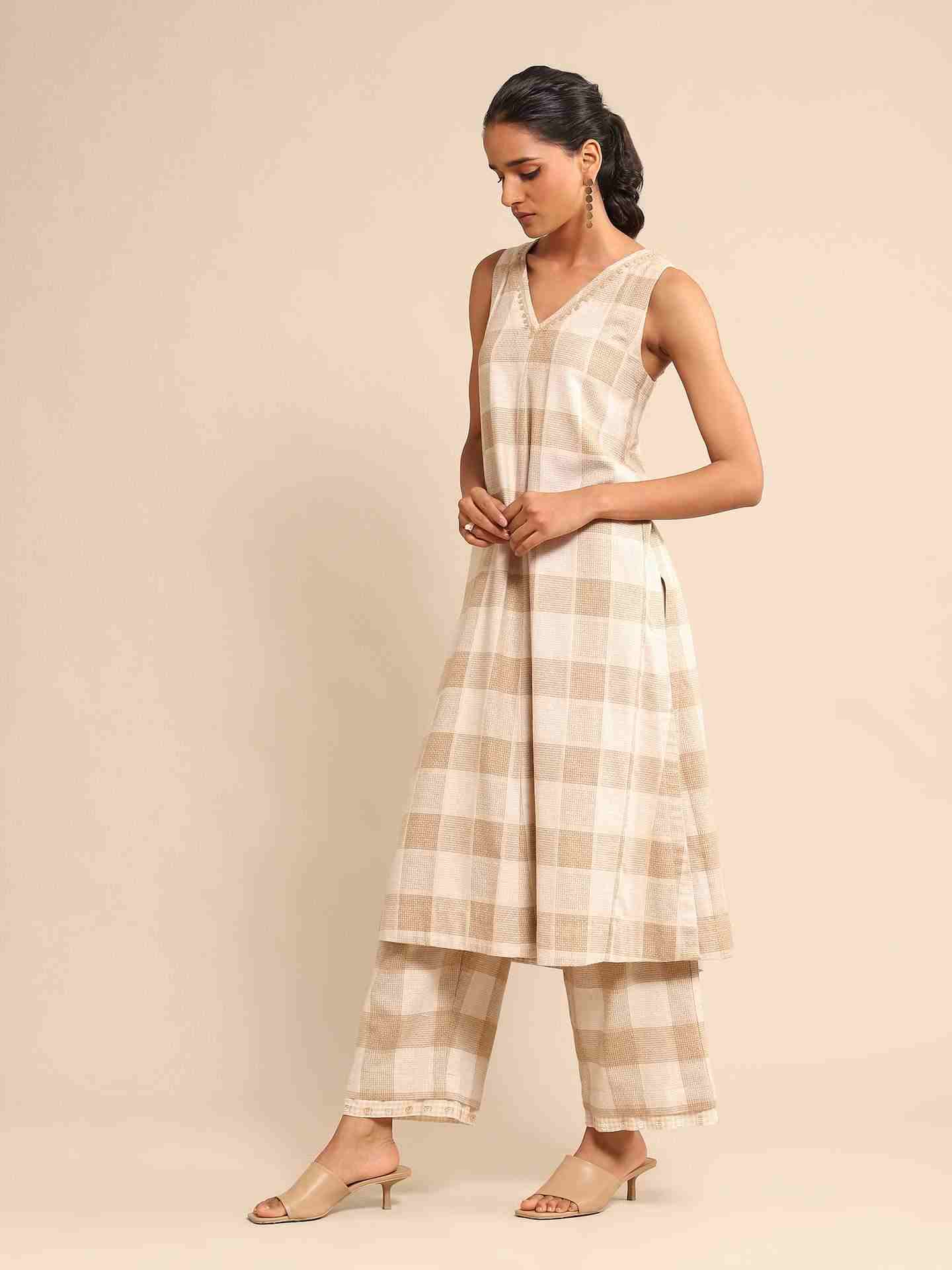 Beige Urban Elysian Yarn-Dyed  Kurta Set