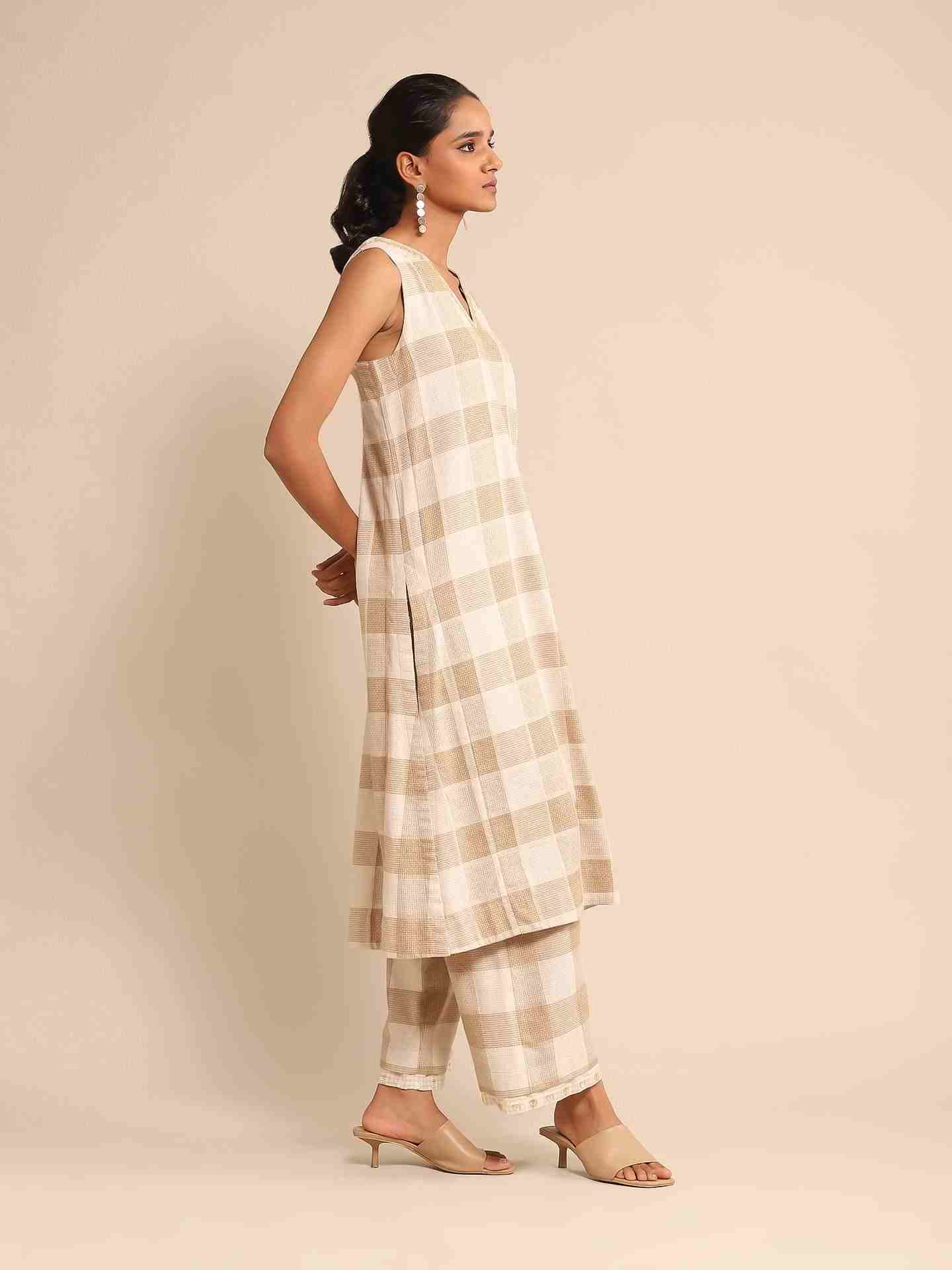 Beige Urban Elysian Yarn-Dyed  Kurta Set