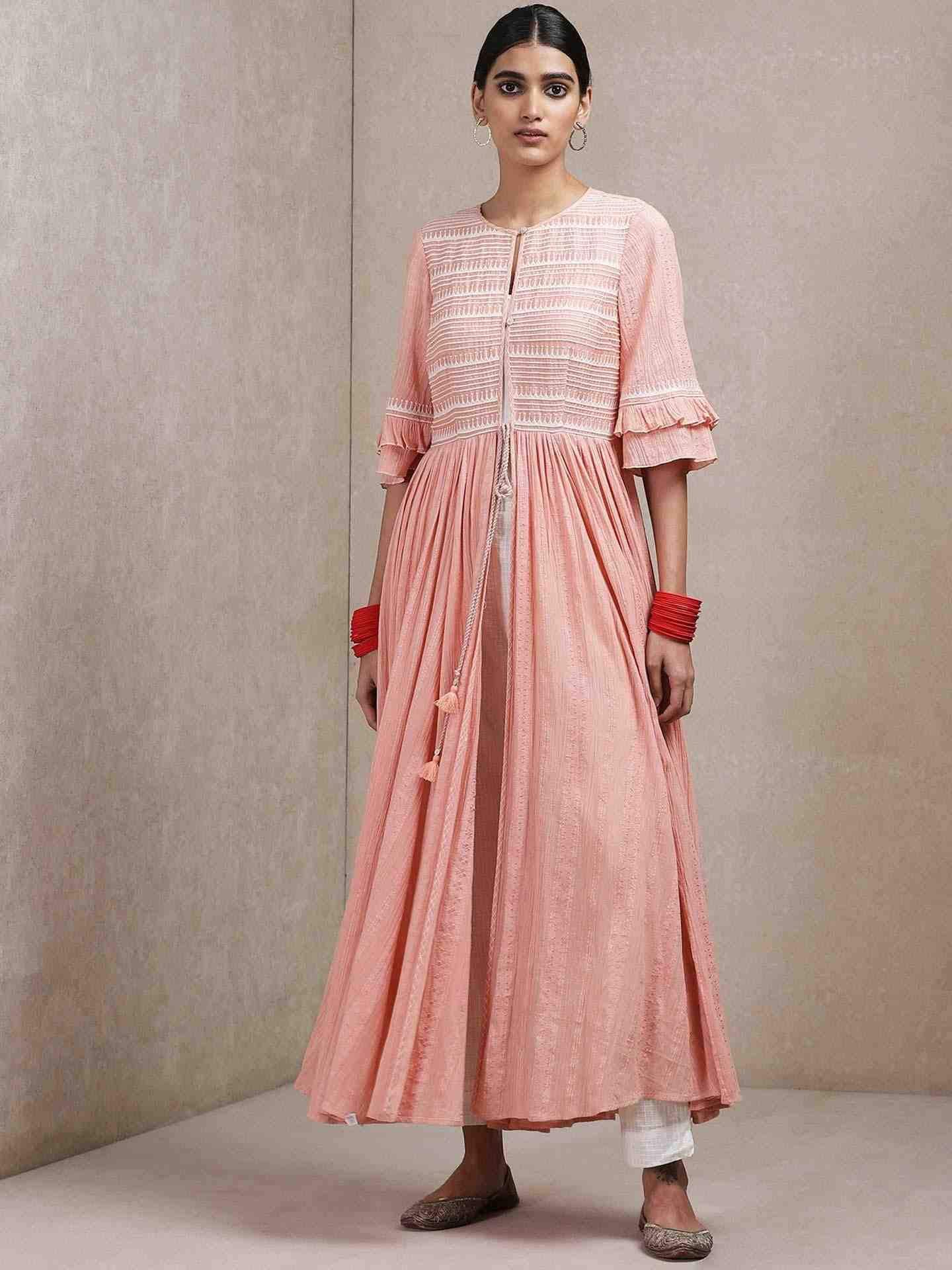 Peach Tribal Lines Crepe Suit Set