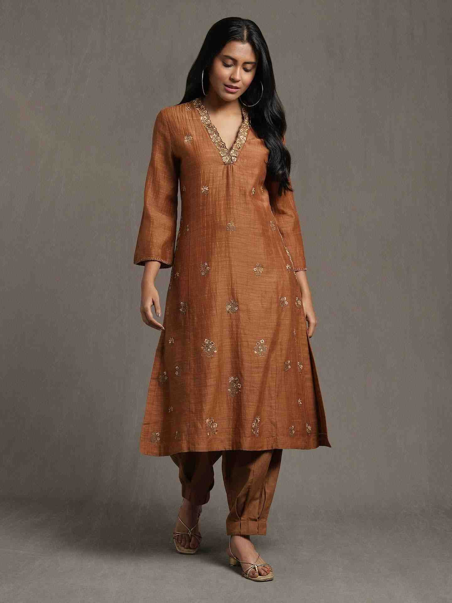 Brown Whimsical Heritage Chanderi Kurta Set