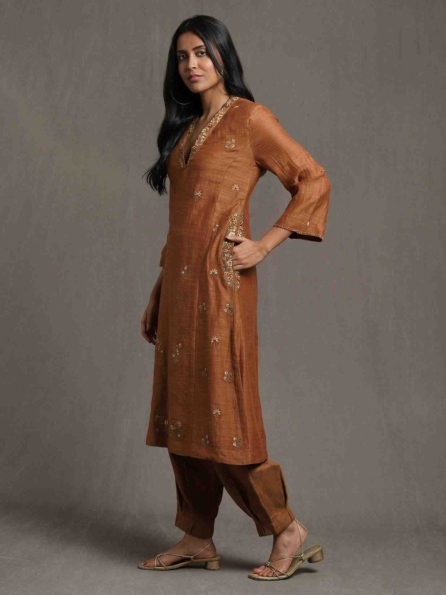 Brown Whimsical Heritage Chanderi Kurta Set