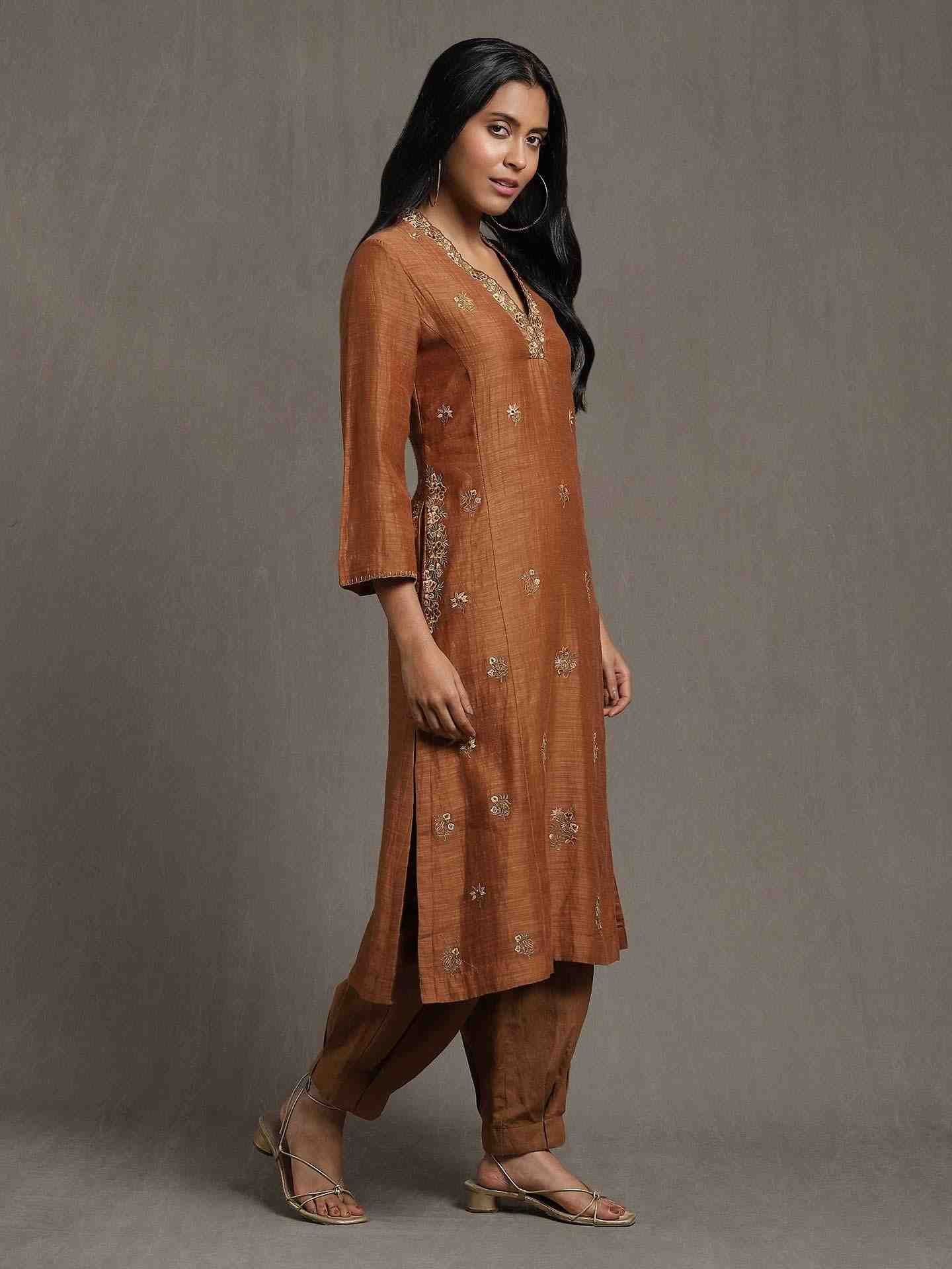 Brown Whimsical Heritage Chanderi Kurta Set
