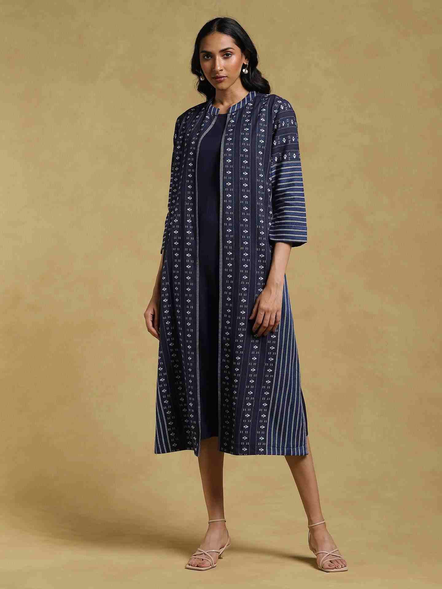 Blue Ethereal Yarn-Dyed Cotton Dress with Shrug