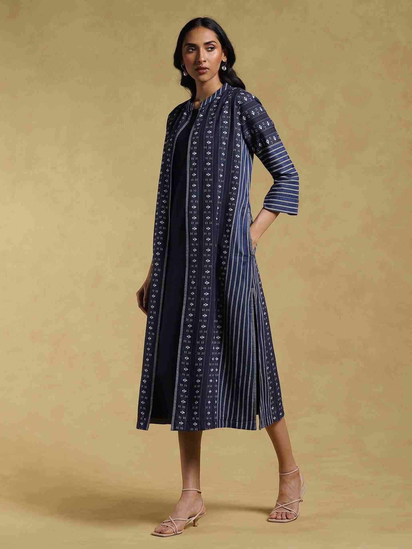 Blue Ethereal Yarn-Dyed Cotton Dress with Shrug