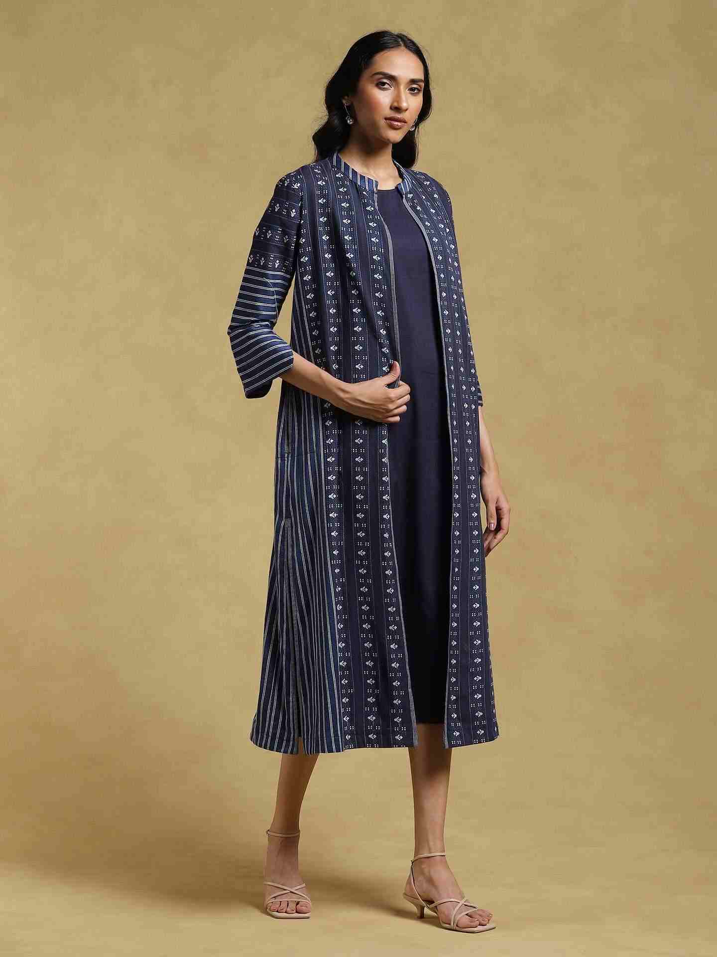 Blue Ethereal Yarn-Dyed Cotton Dress with Shrug