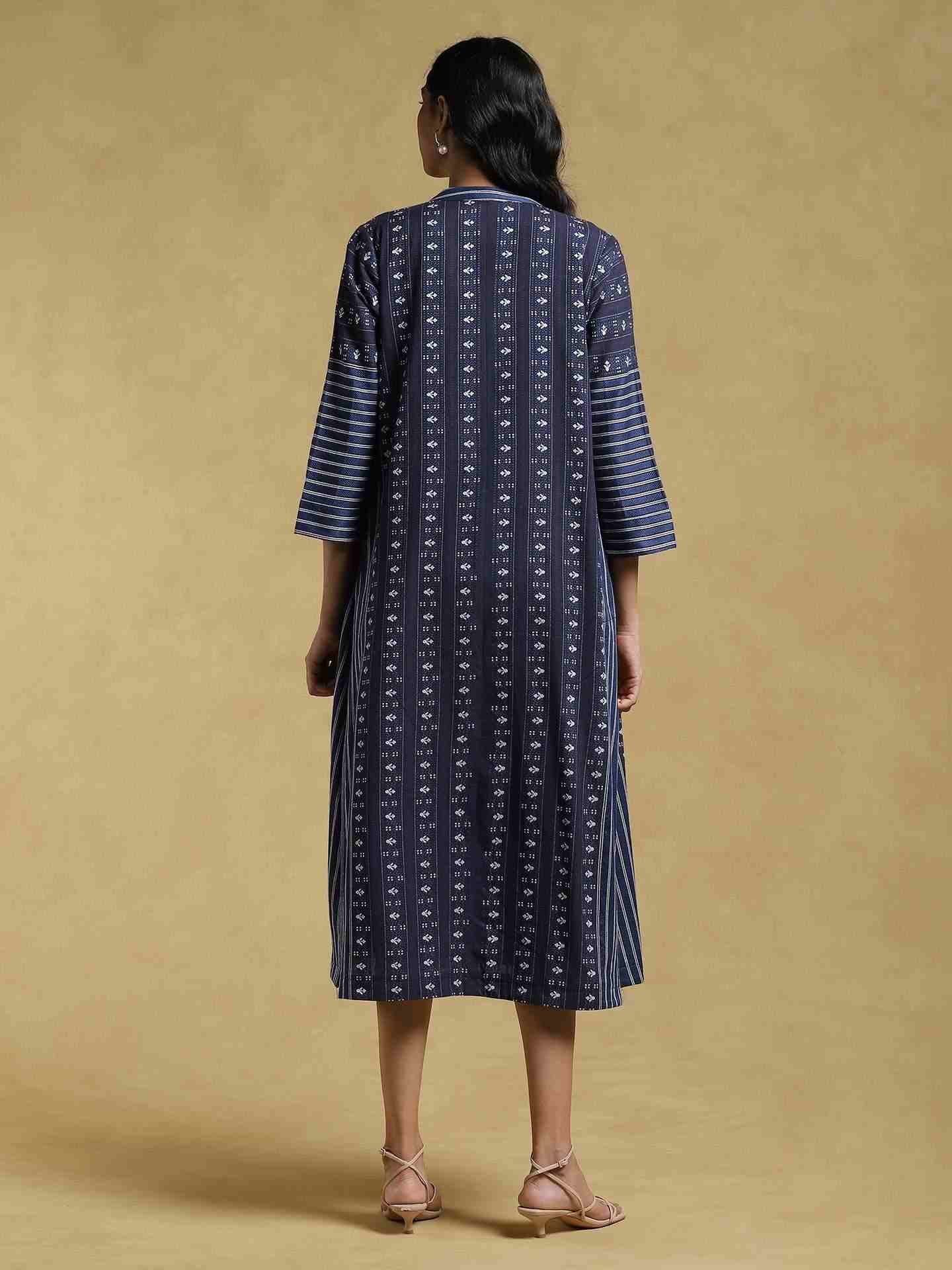 Blue Ethereal Yarn-Dyed Cotton Dress with Shrug