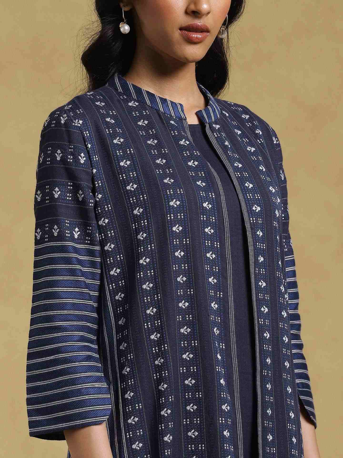 Blue Ethereal Yarn-Dyed Cotton Dress with Shrug