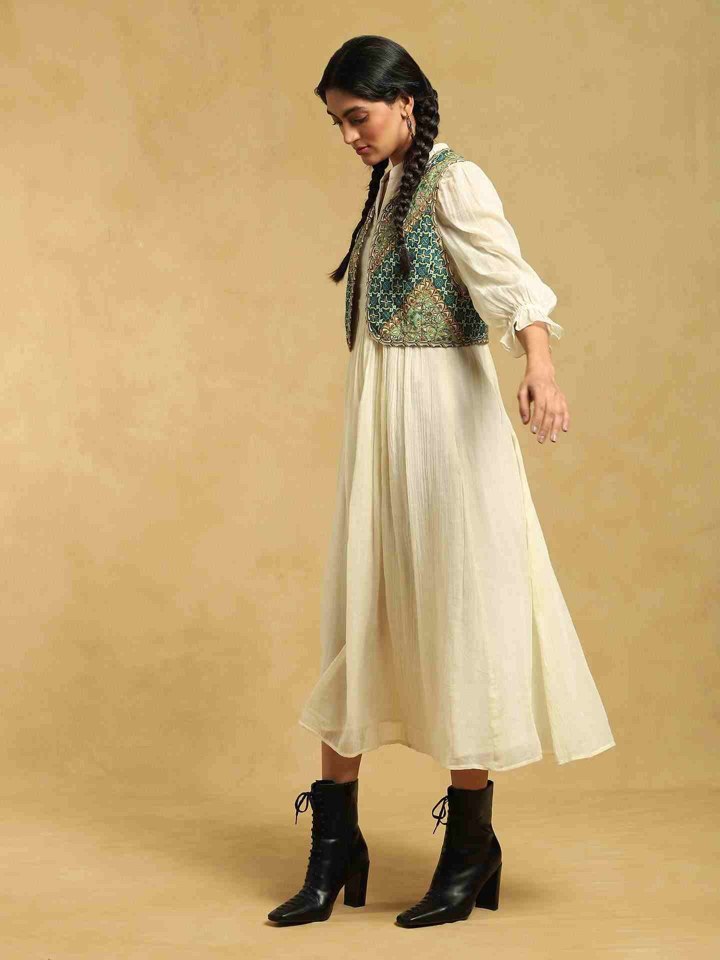 Off White Mysore Cotton Dress with Shrug
