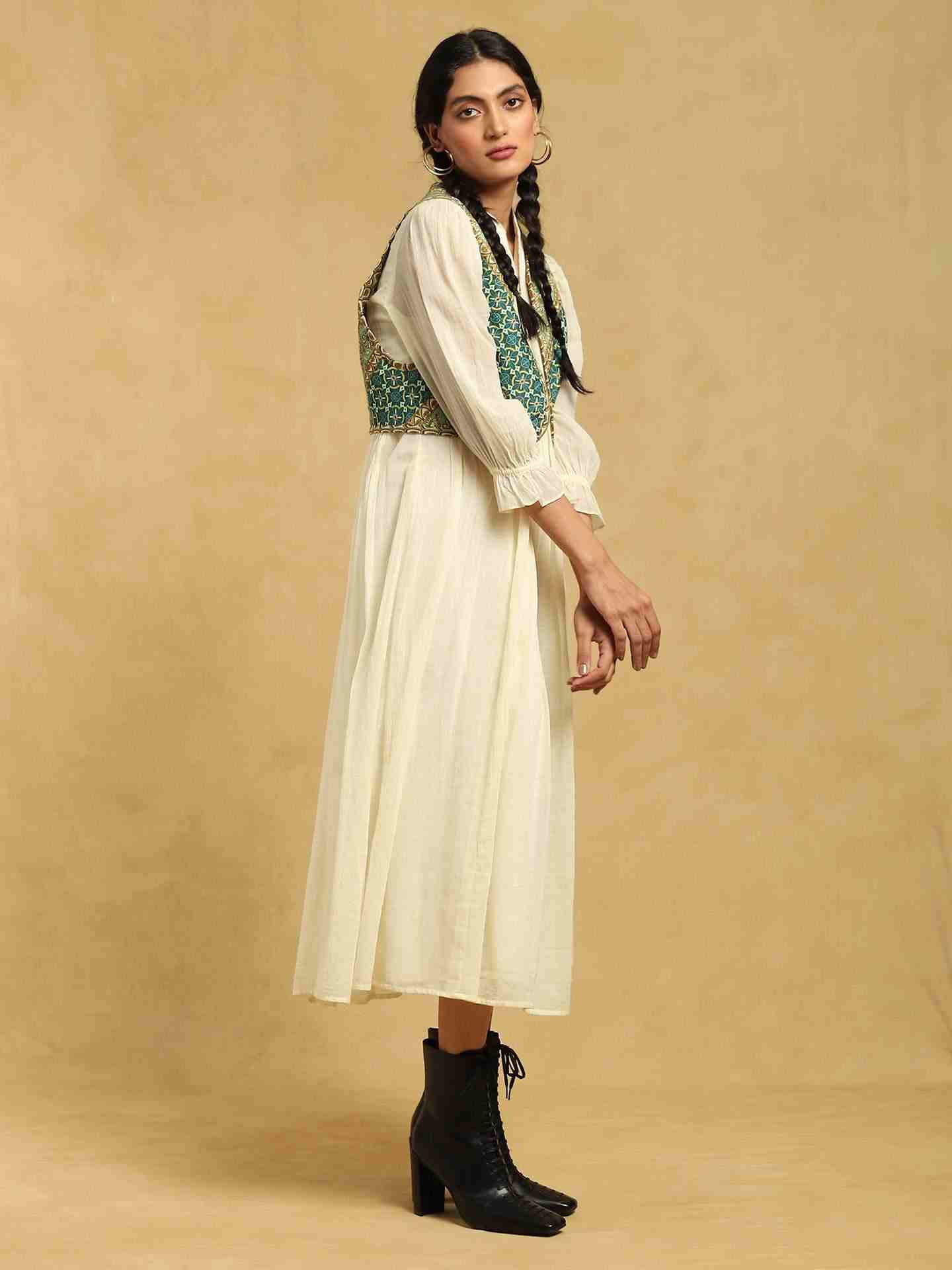 Off White Mysore Cotton Dress with Shrug