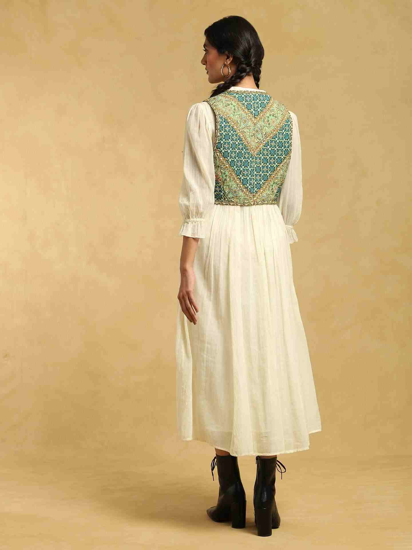 Off White Mysore Cotton Dress with Shrug