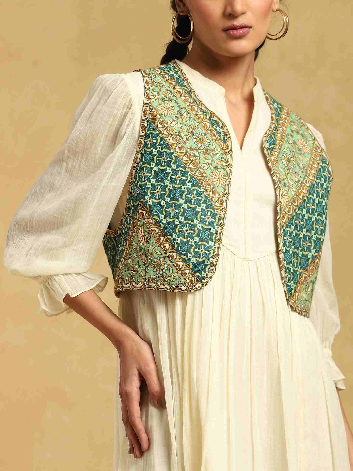 Off White Mysore Cotton Dress with Shrug