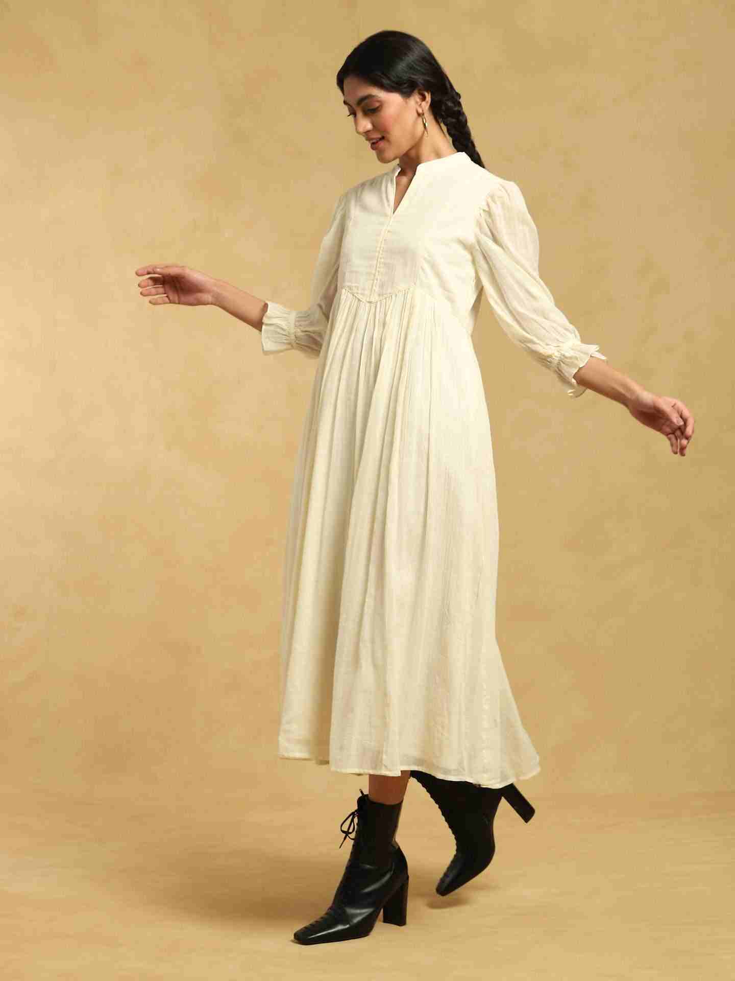 Off White Mysore Cotton Dress with Shrug