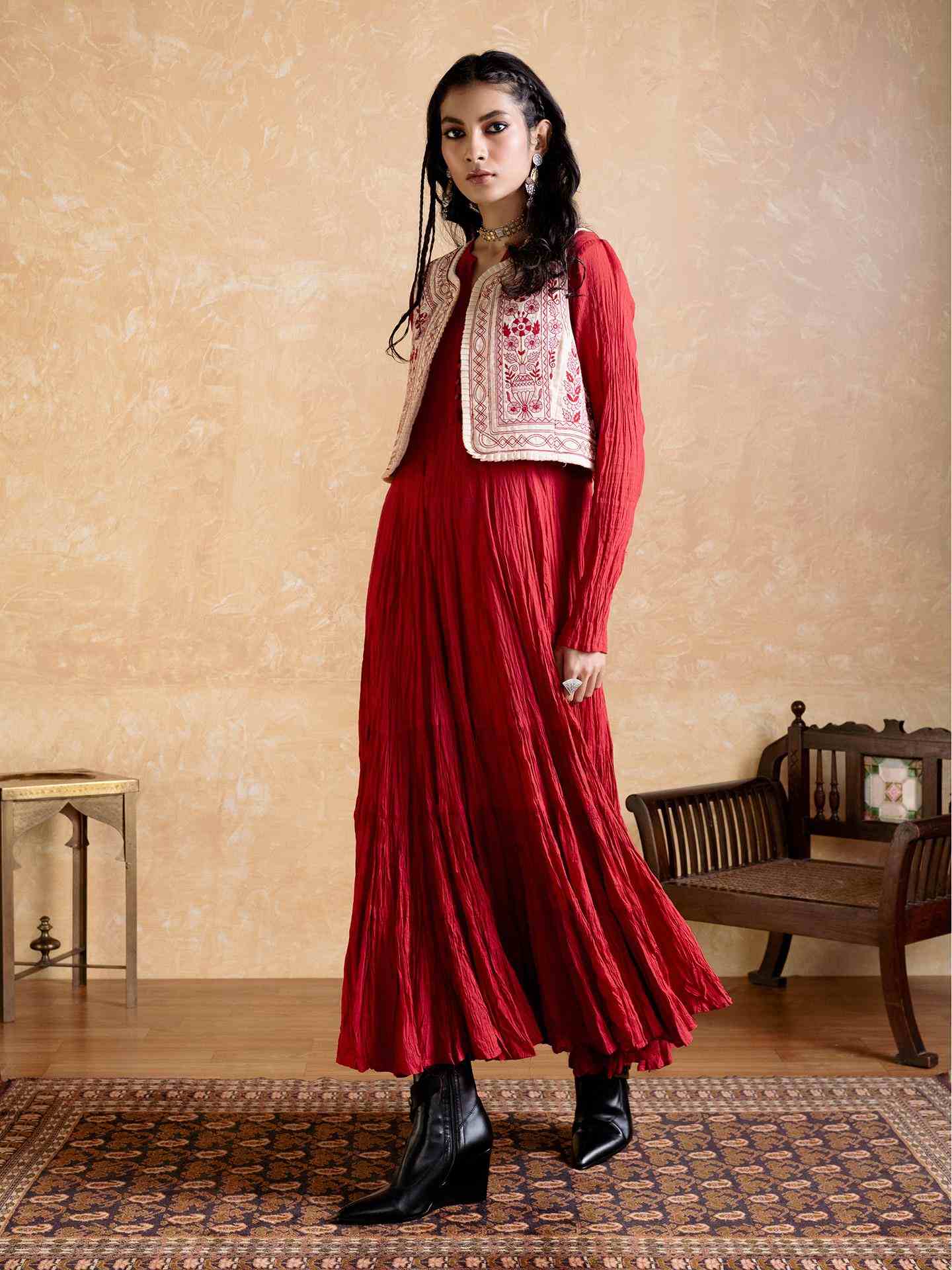 Maroon Hanoi Dress With Gillet