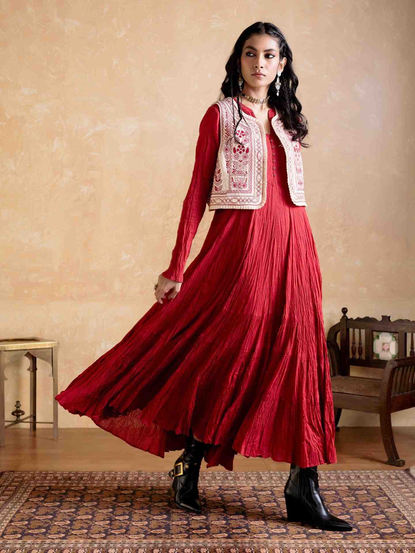 Maroon Hanoi Dress With Gillet