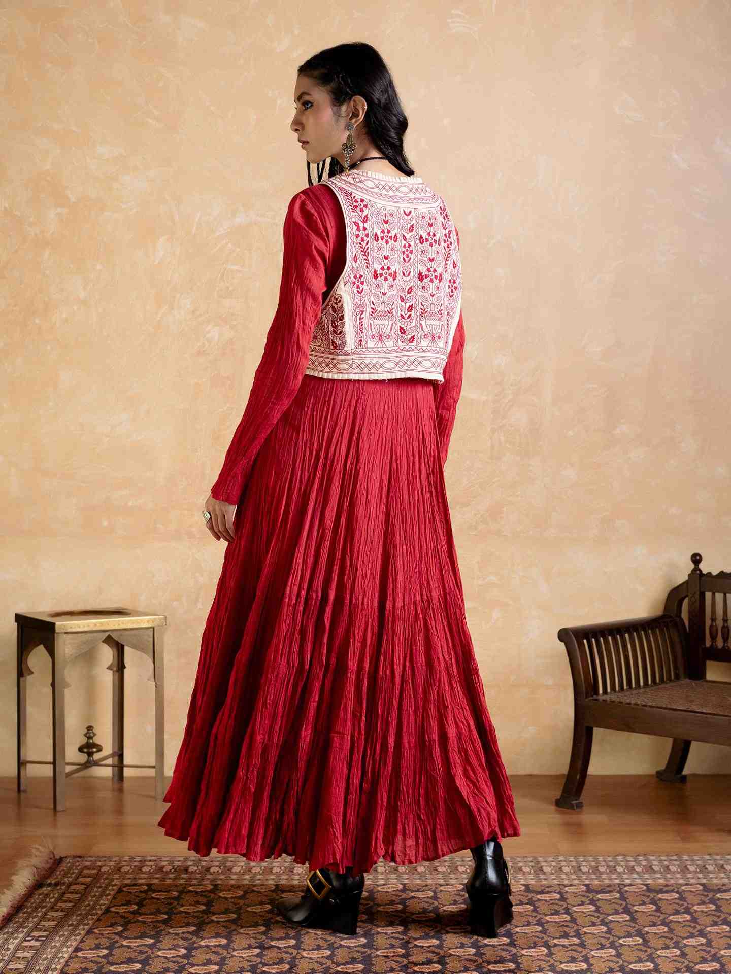 Maroon Hanoi Dress With Gillet