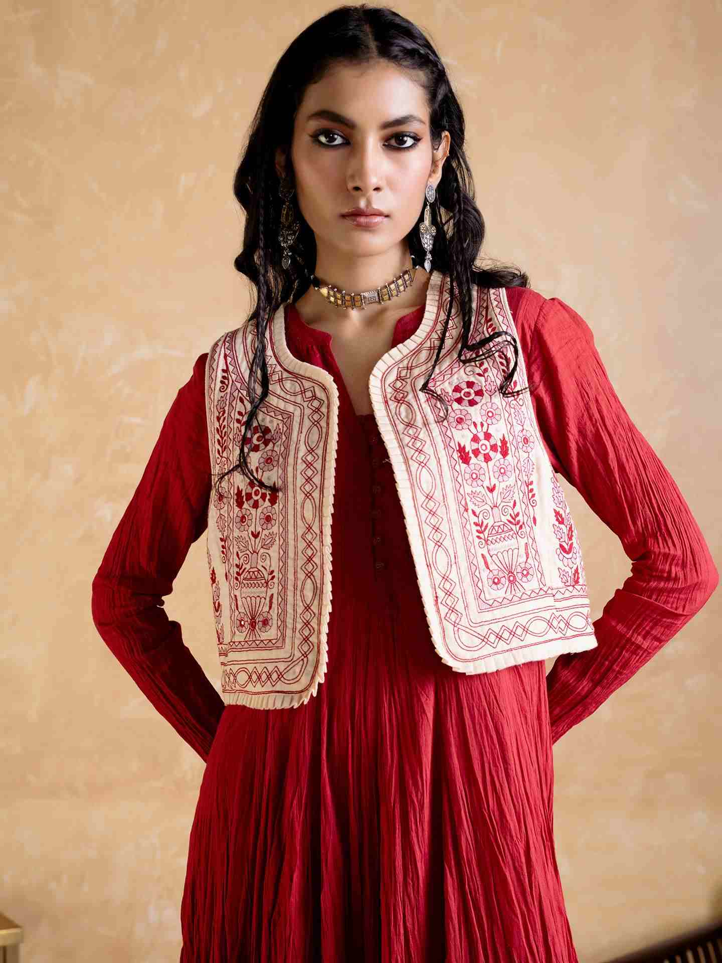 Maroon Hanoi Dress With Gillet