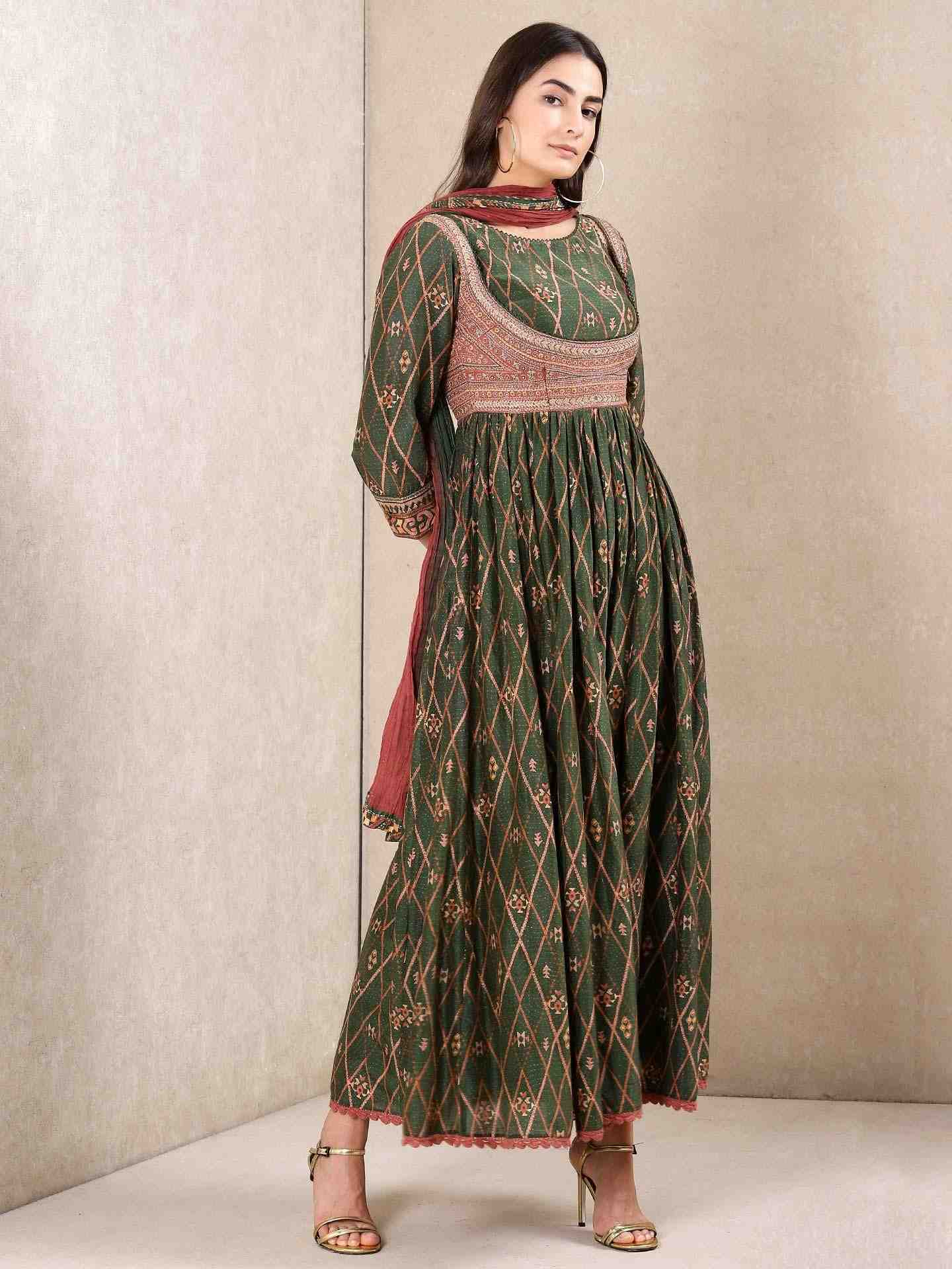 Green Alvira Allover Anarkali Suit Set