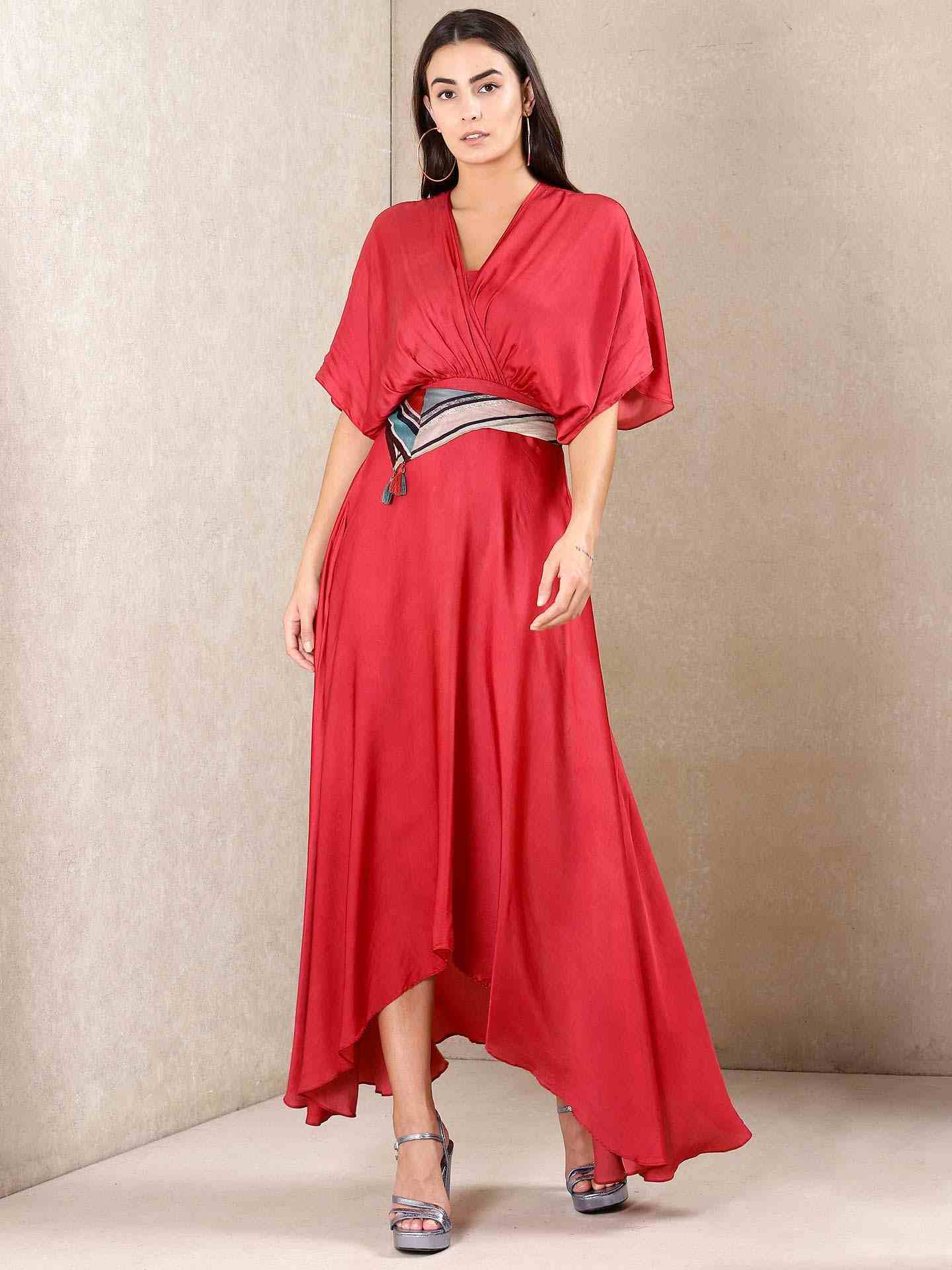 Red Tribal Puzzle Solid Kaftan Dress