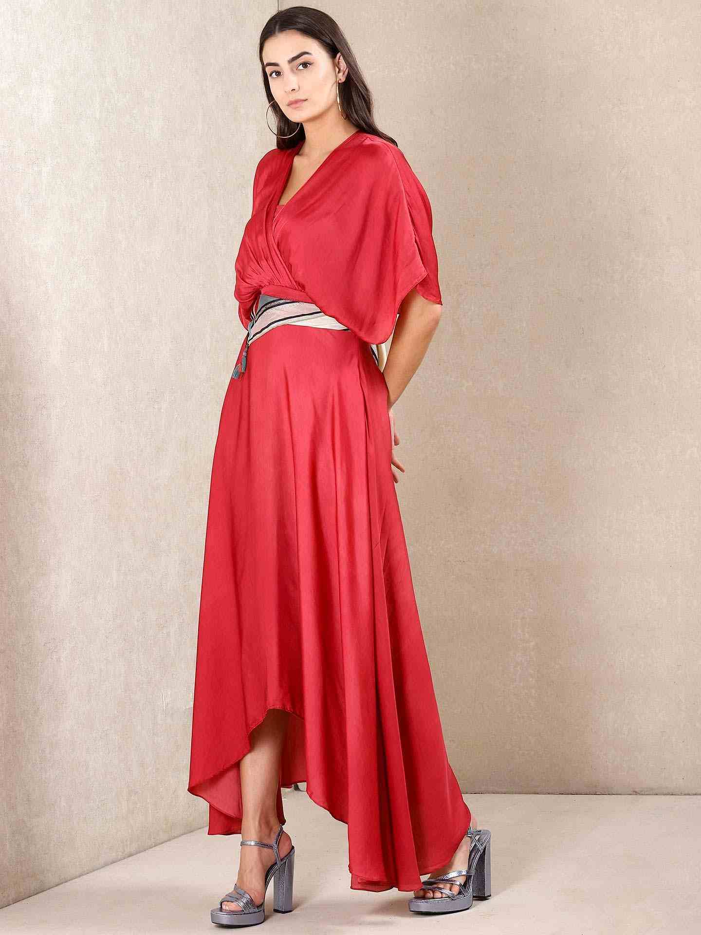 Red Tribal Puzzle Solid Kaftan Dress